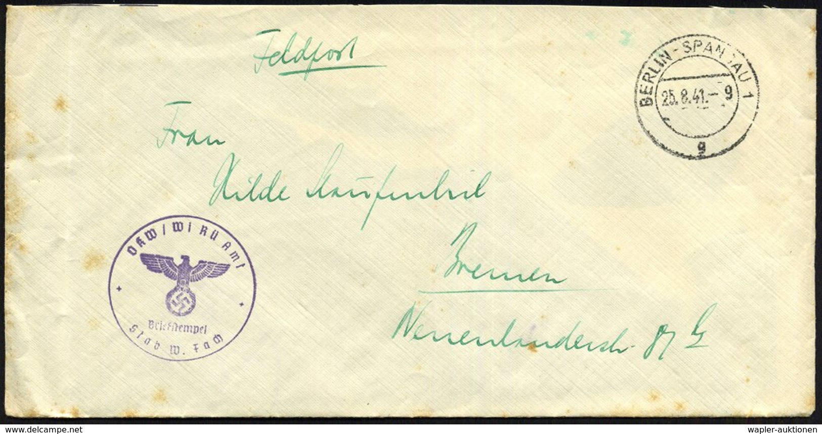 1941 (25.8.) BERLIN-SPANDAU 1, 2K-Steg + Viol. Briefstempel OKW (Oberkdo. Wehrmacht) Wi.(rtschafts) Rü.(stungs) Amt + Rs - Other & Unclassified