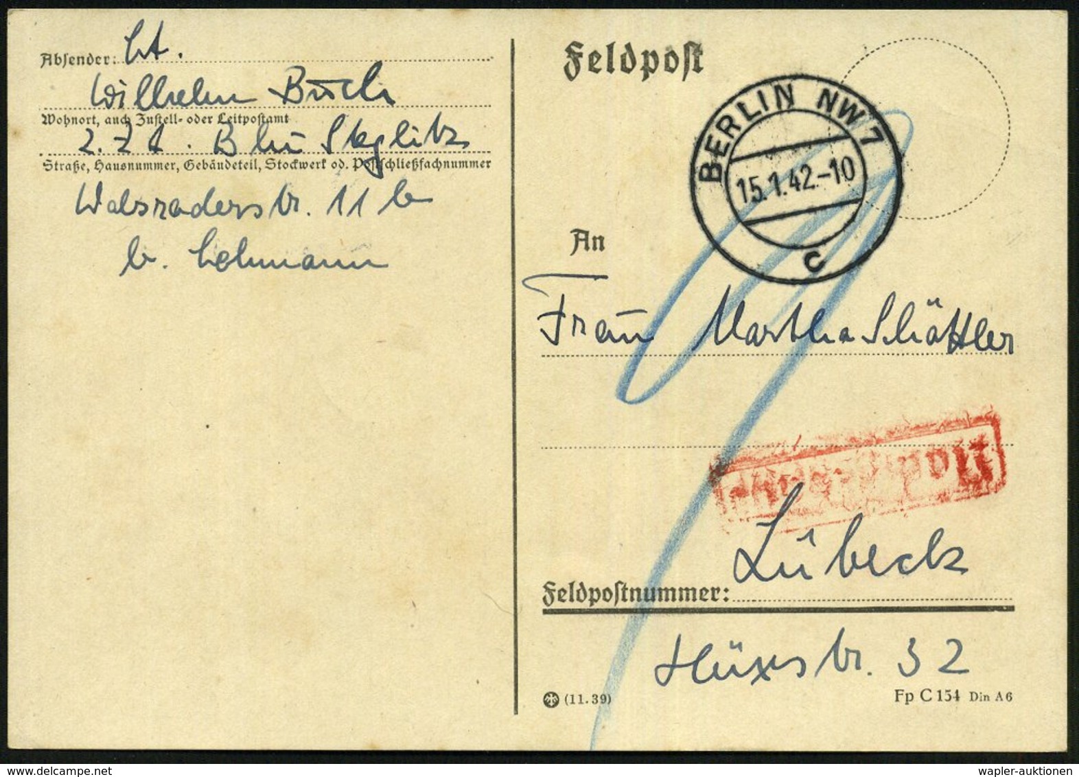1942 (15.1.) BERLIN NW 7, 2K-Steg Auf Nachgebühr-Feldpostkarte, Da Briefstempel Fehlt (n. Lübeck) - Der 2. Weltkrieg 193 - Sonstige & Ohne Zuordnung