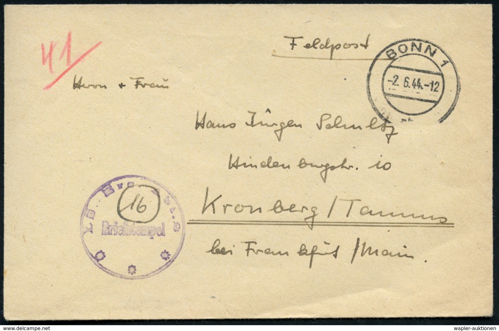 1944 (2.6.) BONN 1, 2K-Steg + Briefstempel Ls (L)andes-(S)chützen Ers. Abt. 2 (Bonn-Venusberg) Feldpostbrief (n. Kronber - Sonstige & Ohne Zuordnung