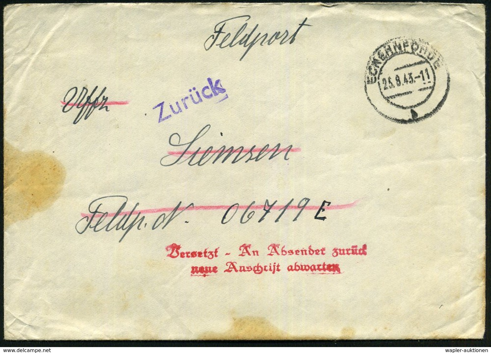 1943 (25.8.) ESCHWEGE, 2K-Steg + 1L: Zurück + Roter 2L: Versetzt.. (Mi.19.1 + 19.5 + 15.- EUR) Feldpost-Retourbrief (Eck - Autres & Non Classés