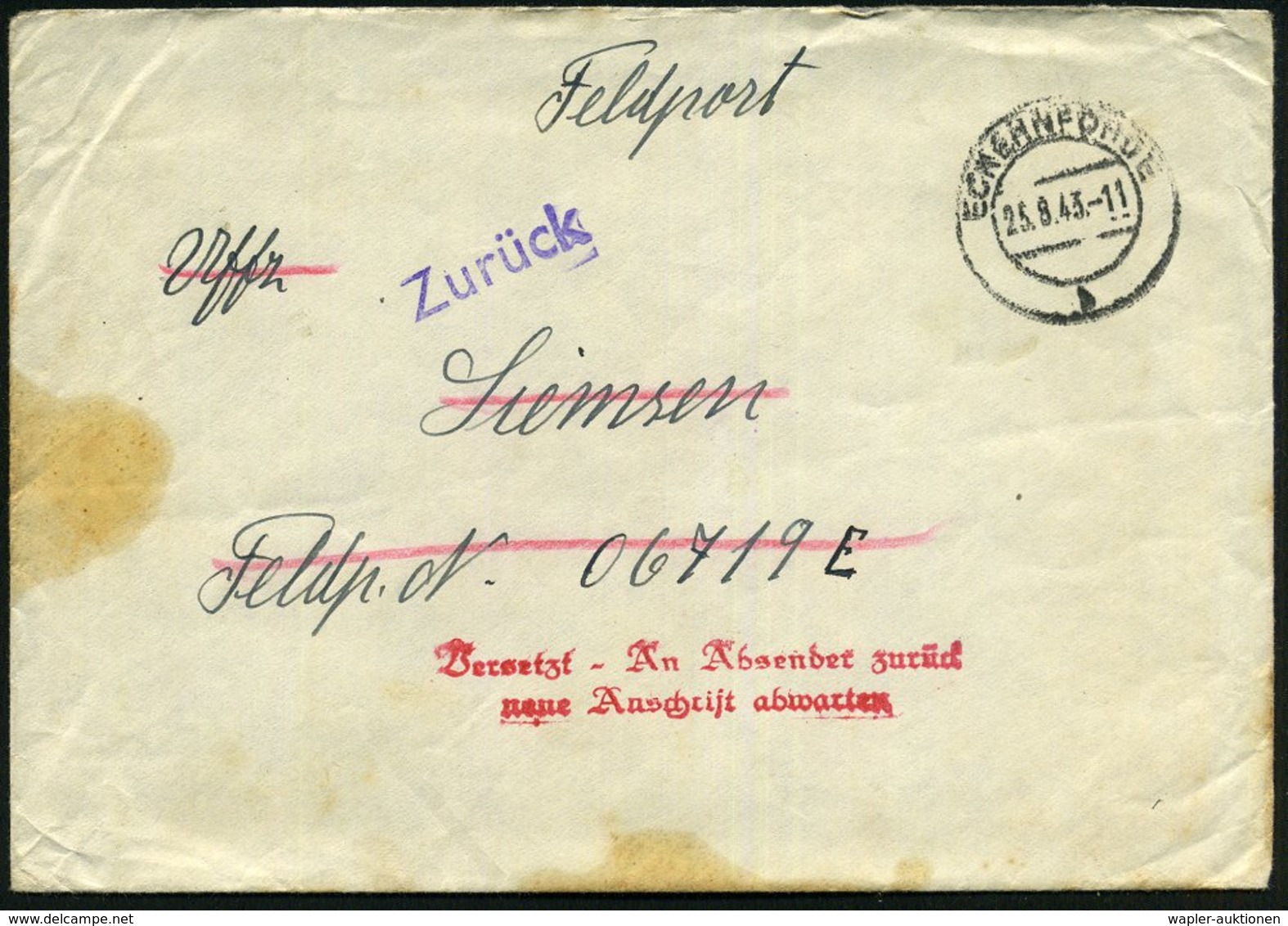 1943 (25.8.) ESCHWEGE, 2K-Steg + 1L: Zurück + Roter 2L: Versetzt.. (Mi.19.1 + 19.5 + 15.- EUR) Feldpost-Retourbrief (Eck - Other & Unclassified