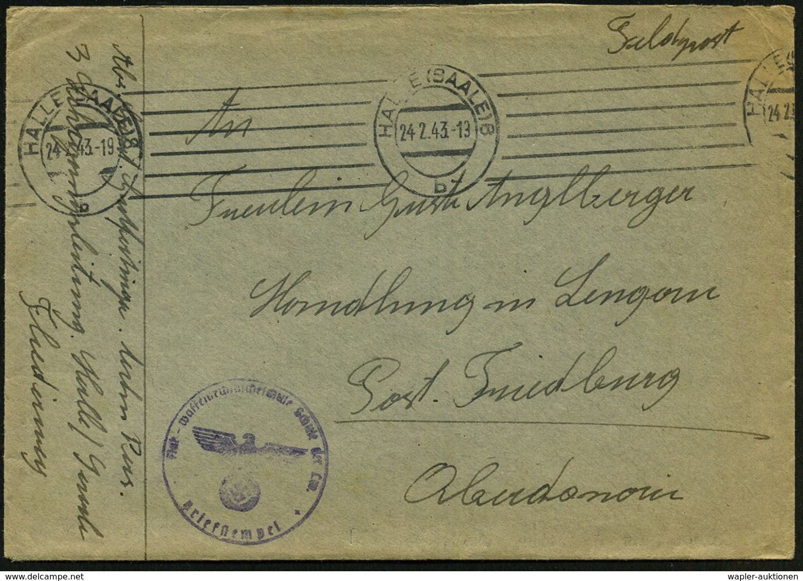 1943 (24.2.) HALLE (SAALE) 8, Bandmaschinenstempel + Briefstempel Flak-Waffentechnische Schule, Schule Der Lw. Feldpostb - Other & Unclassified