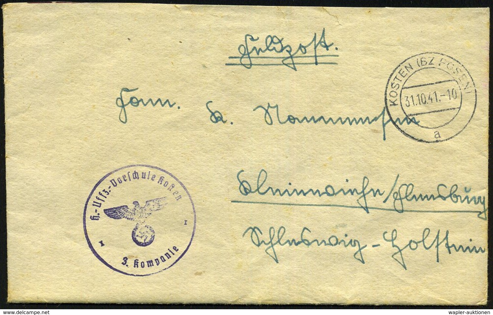 1941 (31.10.) KOSTEN (BZ POSEN), 2K-Steg + Briefstempel H.(eeres) Uffz.-Vorschule Kosten, Feldpostbrief + Inhalt - Der 2 - Other & Unclassified