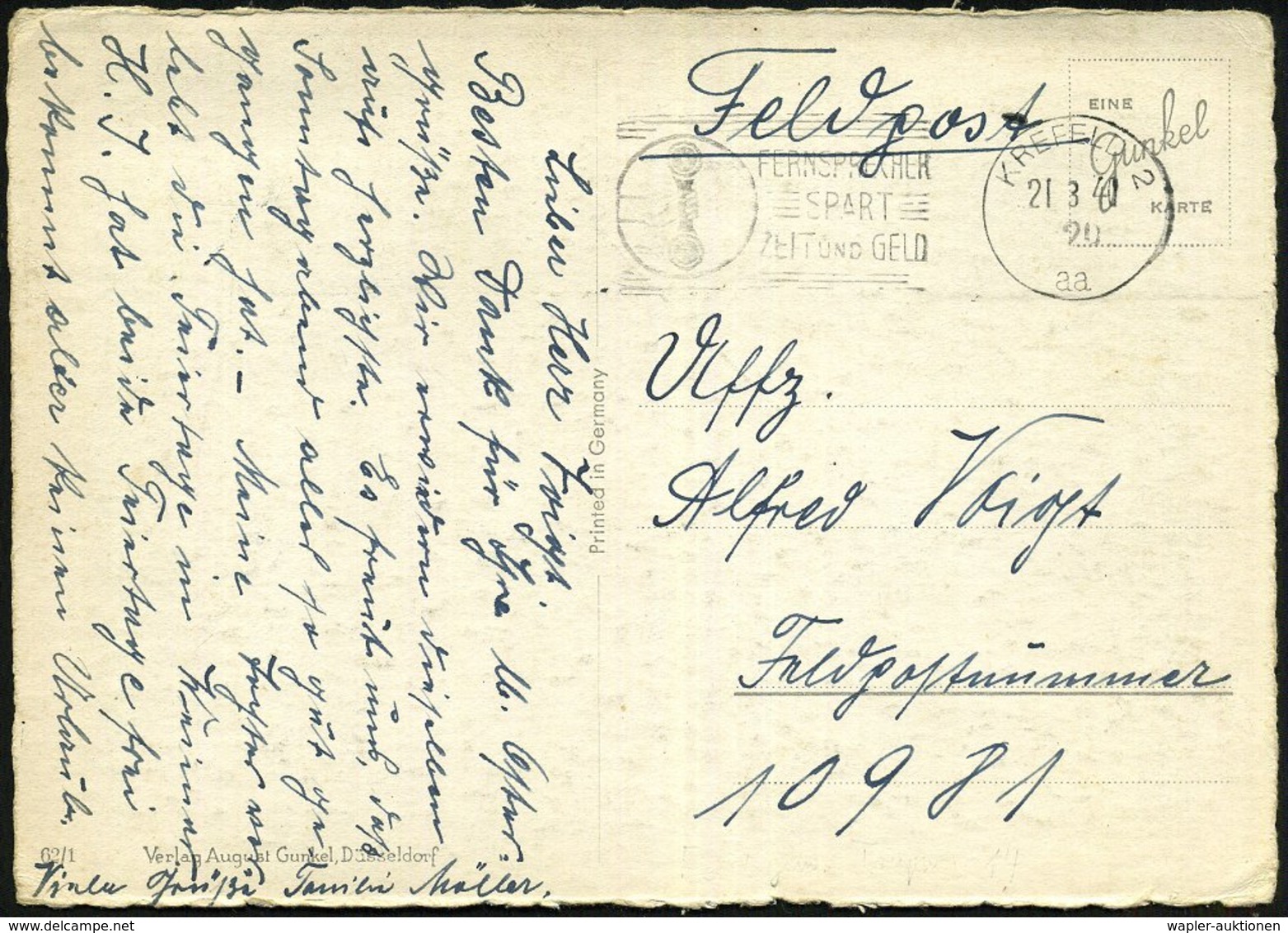 1940 (21.3.) KREFELD 2, Maschinen-Werbestempel, Feldpostkarte An Fp.-Nr. 10 981 = Feld-Gendarmerietrupp 14 = Feldjäger!  - Other & Unclassified