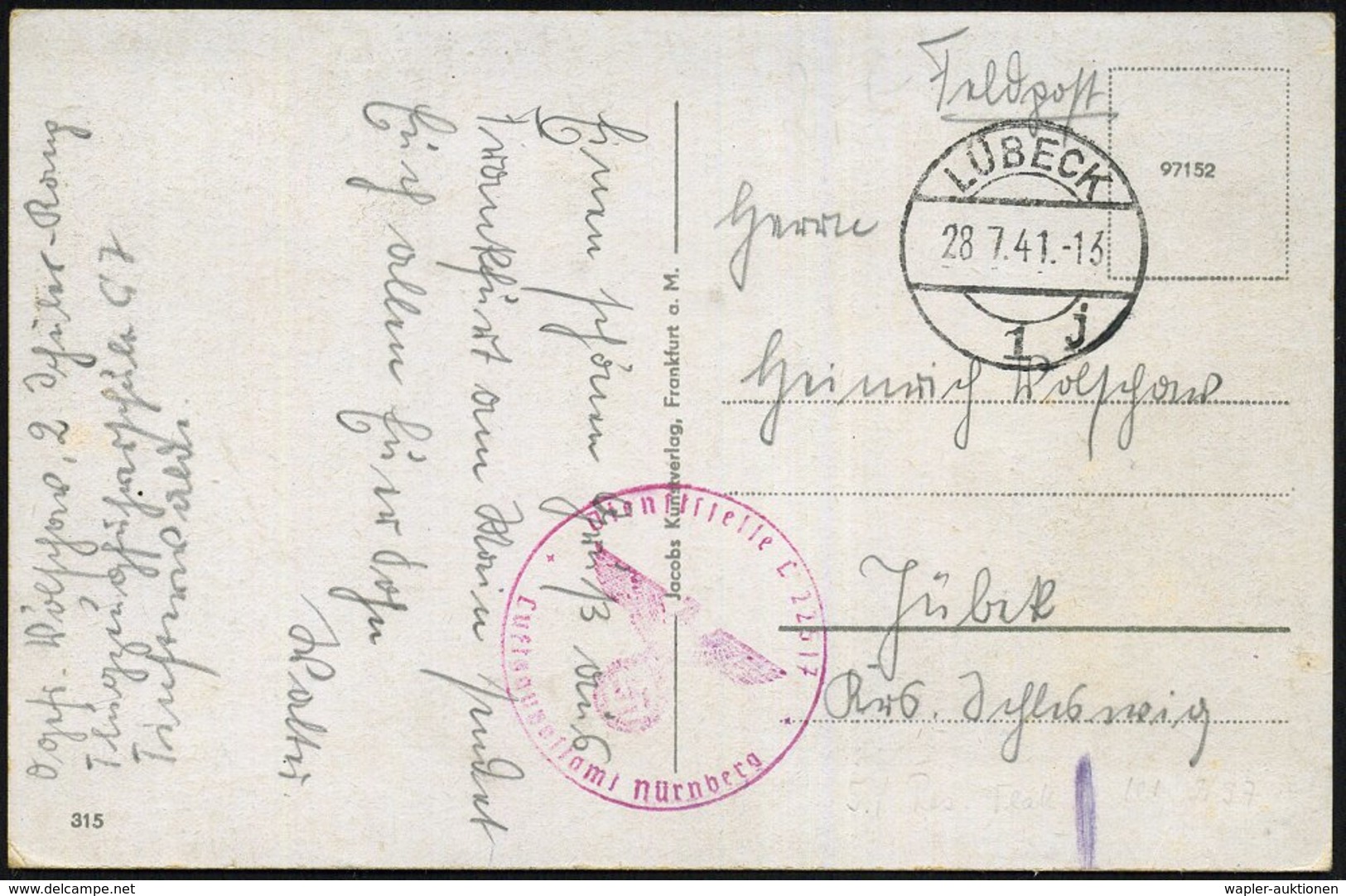 1941 (28.7.) LÜBECK 1, 1K-Brücke + Roter Briefstempel: Fp.-Nr.L 22517, Luftgaupostamt Nürnberg = 5./  Res.-Flak Abt. 297 - Other & Unclassified