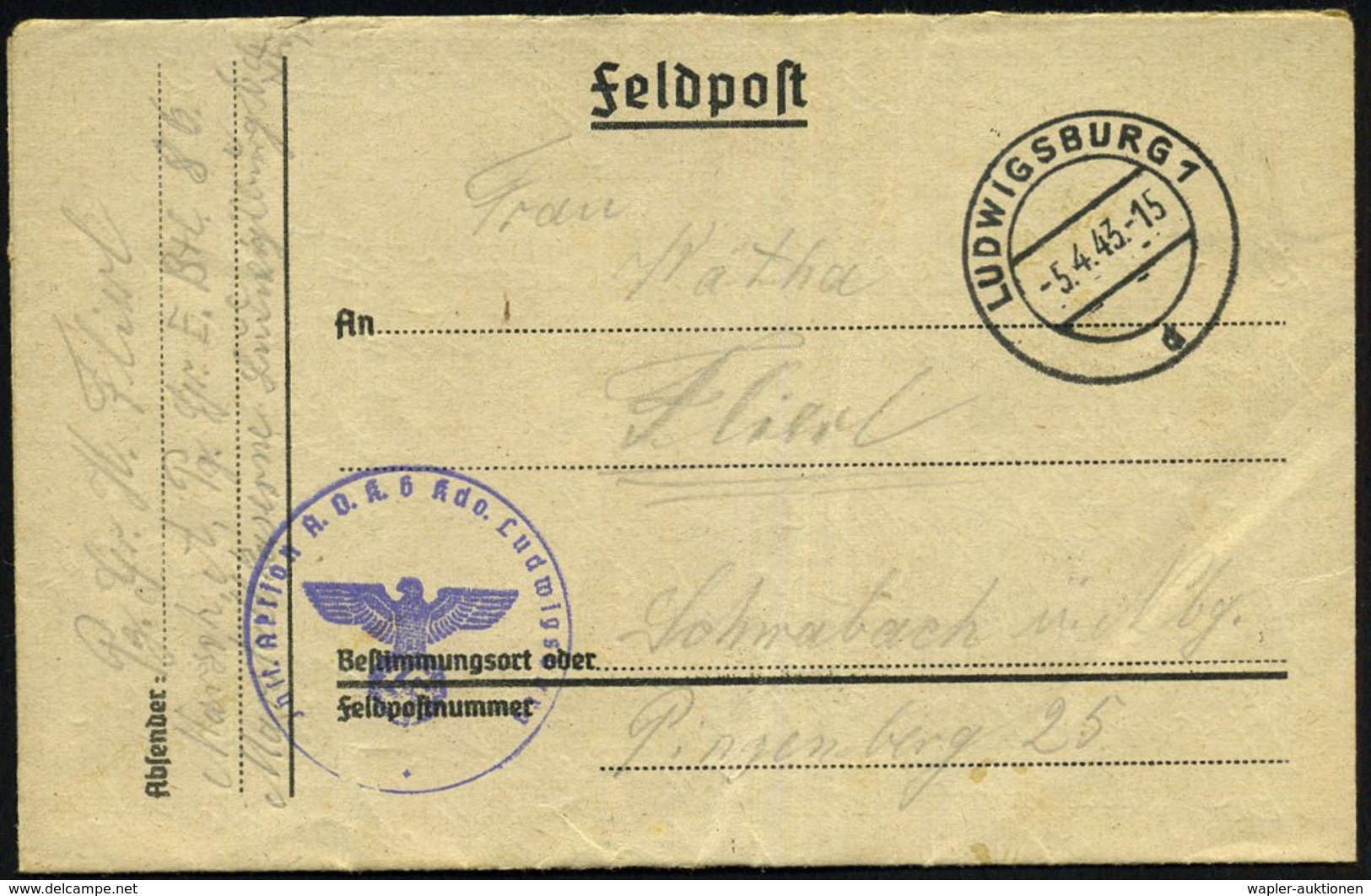 1943 (5.4.) LUDWIGSBURG 1, 2K-Steg + Briefstempel: Inst. Aktion A.(rmee) O.(ber) K.(ommando) 6 Kdo. Ludwigsburg + Hs. Ab - Other & Unclassified