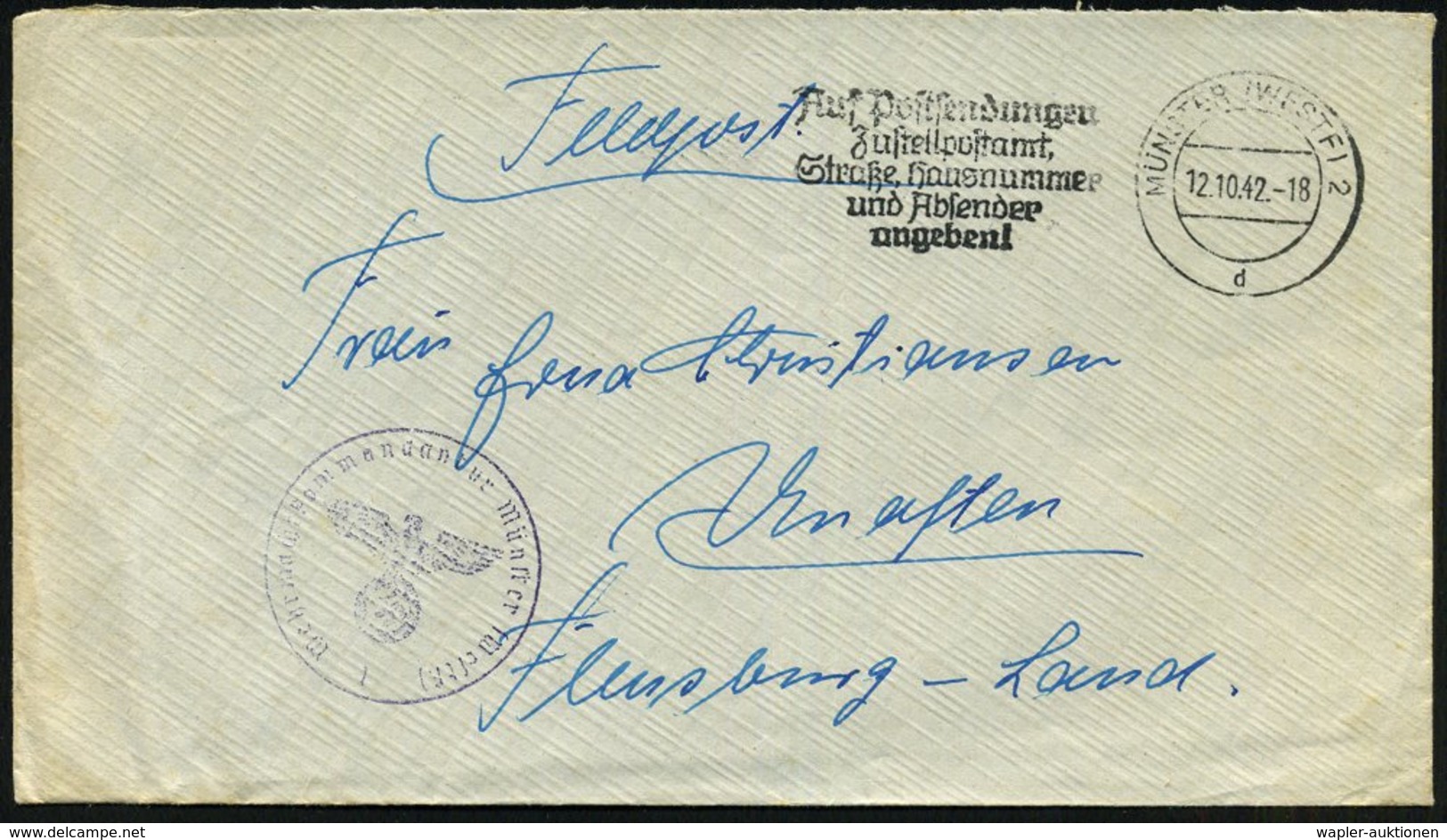 1942 (12.10.) MÜNSTER (WESTF) 2, Maschinen-Werbestempel + Briefstempel: Wehrmachtskommandantur Münster  (Westf), Rs. Hs. - Other & Unclassified
