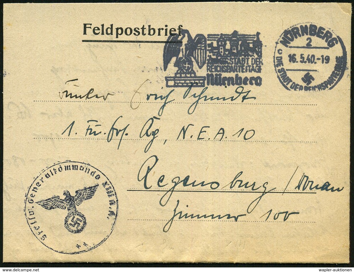 1940 (16.5.) NÜRNBERG 2, Reichsparteitag-Werbestempel + Briefstempel: Stellv. Generalkommando XIII A.(rmee) K.(orps), Fe - Other & Unclassified