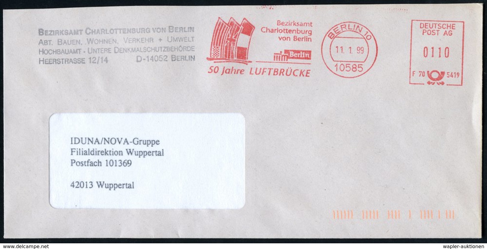 1999 (11.1.) 10585 BERLIN 10, Absender-Freistempel "Deutsche Post AG": 50 Jahre LUFTBRÜCKE Bezirksamt Charlottenburg (Fl - Other & Unclassified