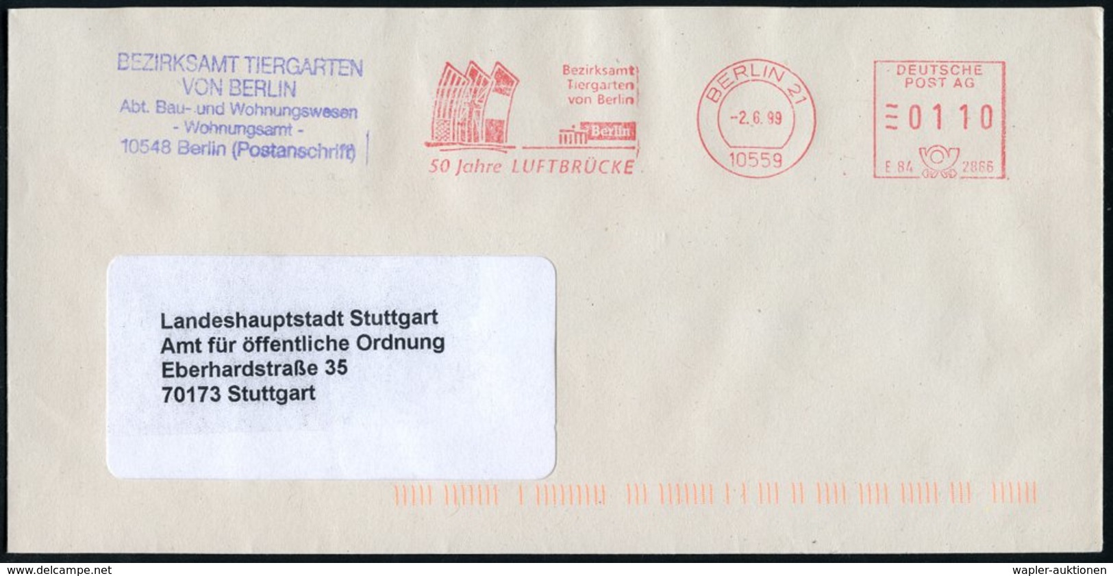 1999 10559 BERLIN 21, Absender-Freistempel "Deutsche Post AG": 50 Jahre LUFTBRÜCKE Bezirksamt Tiergarten (Flaggen Der We - Other & Unclassified