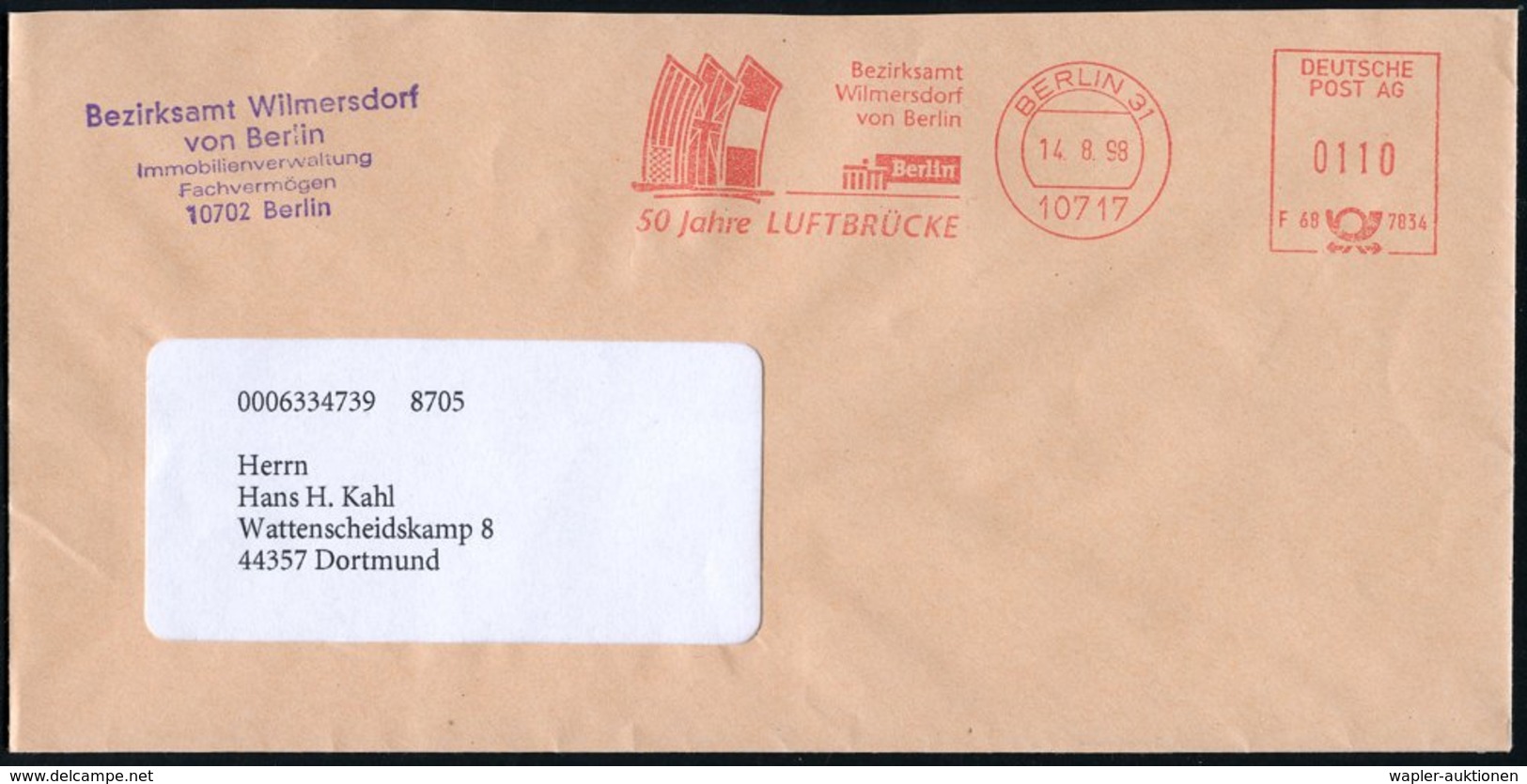 1999 10717 BERLIN 31, Absender-Freistempel "DEUTSCHE POST AG": 50 Jahre LUFTBRÜCKE Bezirksamt Wilmersdorf (Flaggen Der W - Other & Unclassified