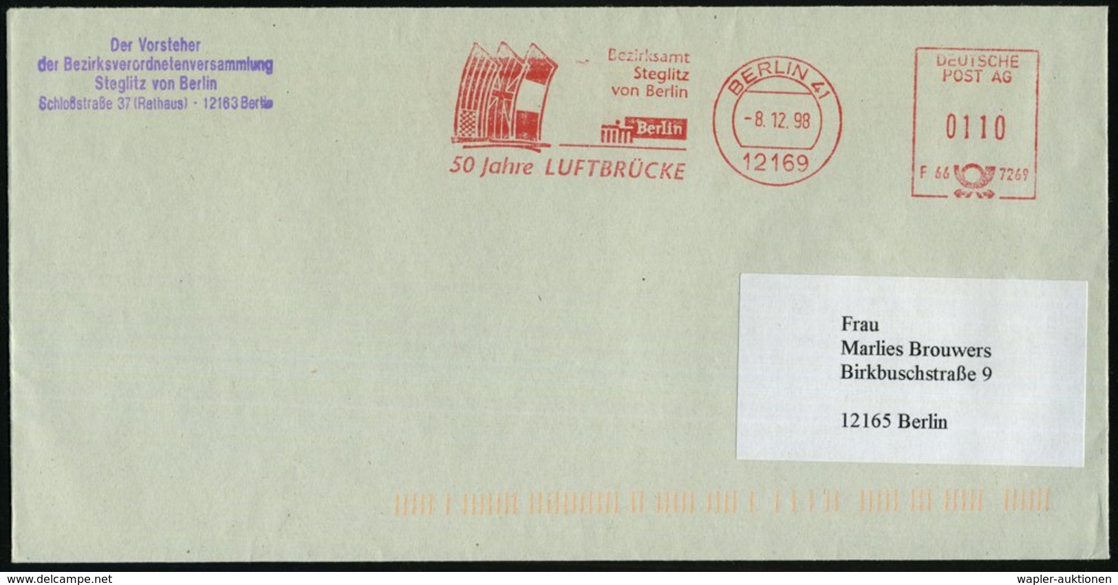 1998 12169 BERLIN 41, Absender-Freistempel "DEUTSCHE POST AG": 50 Jahre LUFTBRÜCKE Bezirksamt Steglitz (Flaggen Der West - Other & Unclassified