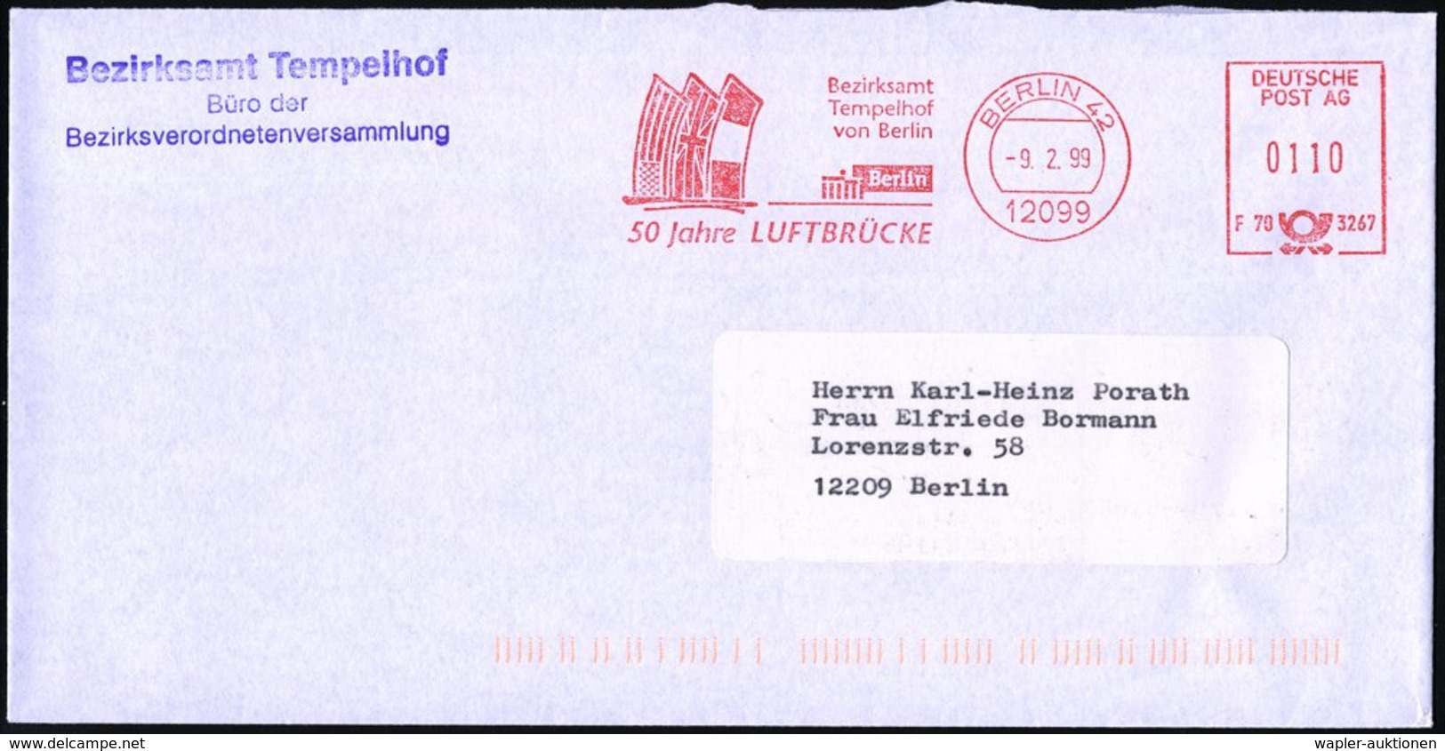 1999 12099 BERLIN 42, Absender-Freistempel "DEUTSCHE POST AG": 50 Jahre LUFTBRÜCKE Bezirksamt Tempelhof (Flaggen Der Wes - Other & Unclassified