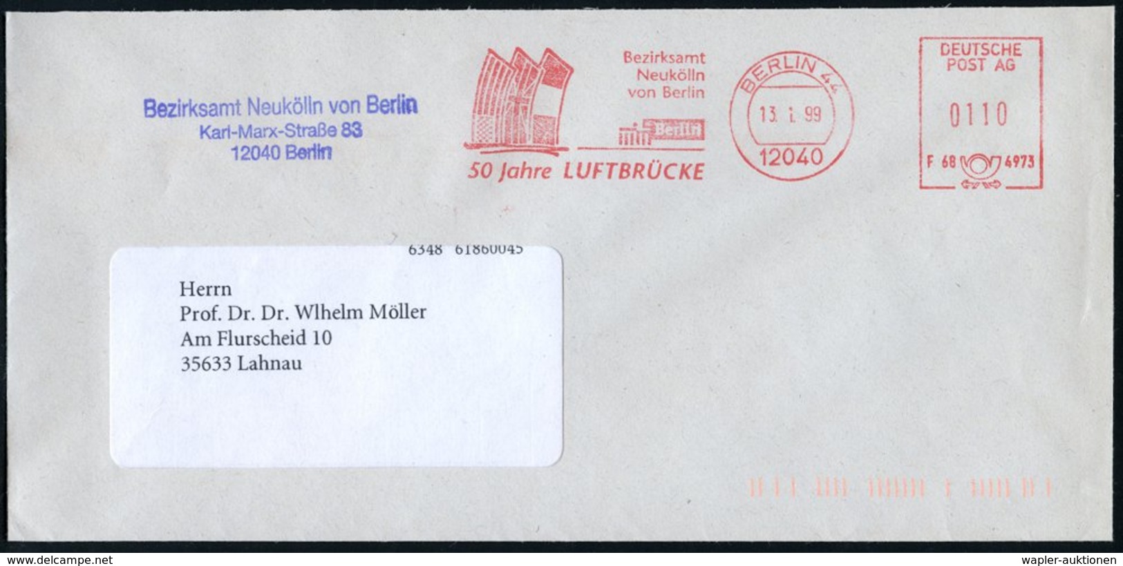 1999 12040 BERLIN 44, Absender-Freistempel "DEUTSCHE POST AG": 50 Jahre LUFTBRÜCKE Bezirksamt Neukölln (Flaggen Der West - Other & Unclassified