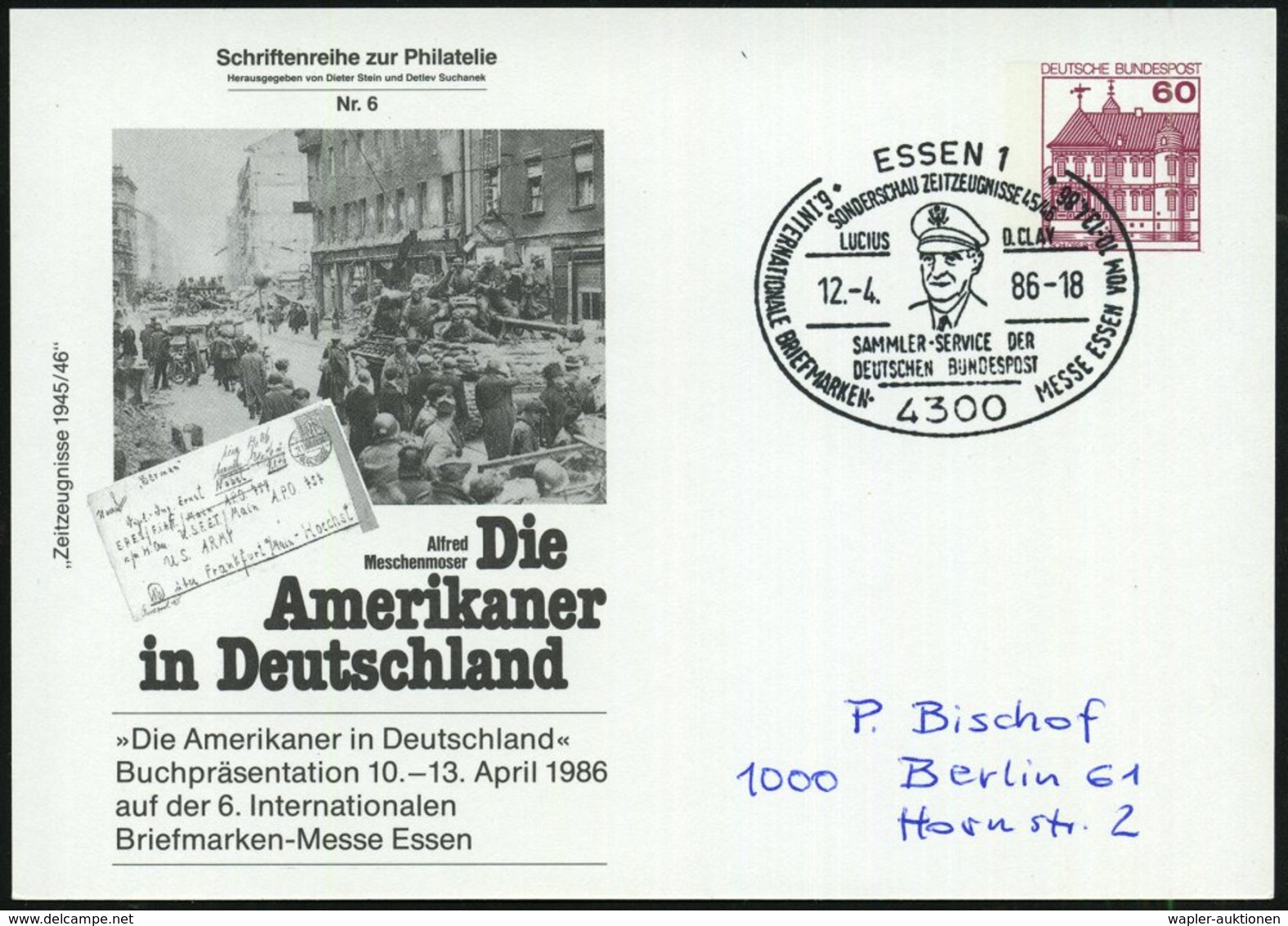 1986 (12.4.) 4300 ESSEN 1, PP 60 Pf. Burgen: Die Amerikaner In Deutschland (Sherman-Panzer In Westdeutscher Stadt) + Pas - Other & Unclassified