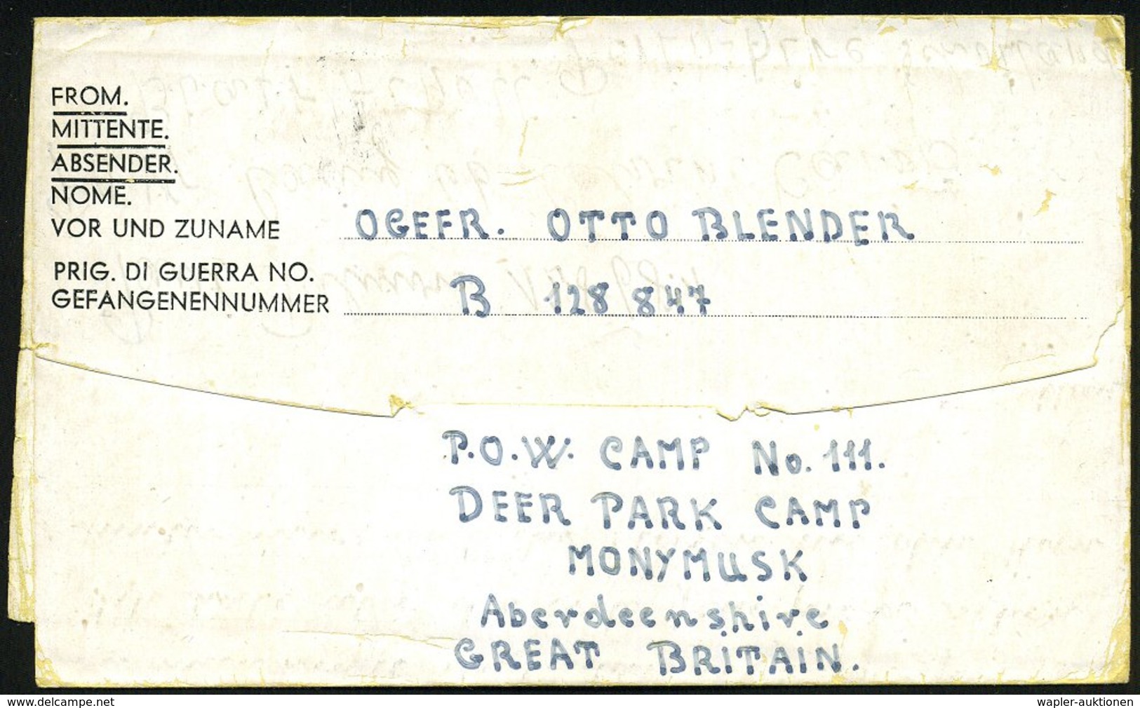1946 (15.5.) GROSSBRITANNIEN /  KONTROLLRAT, Viol. 1K: P.O.W. CAMP No.111.. (= Deer Park Camp, Monymusk) Kriegsgefangene - Other & Unclassified
