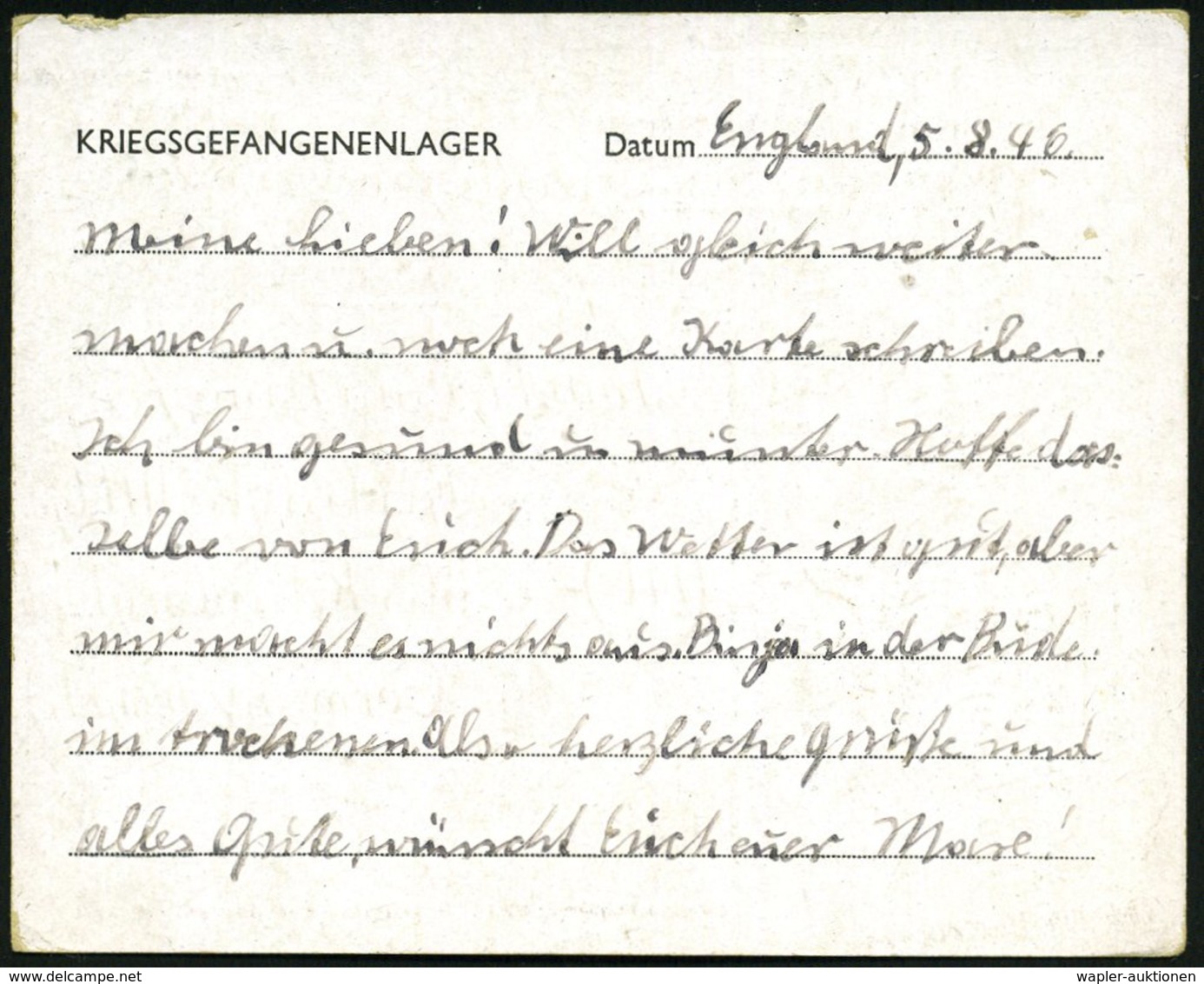 1946 (5.8.) GROSSBRITANNIEN /  KONTROLLRAT, Viol. 1K: P.O.W. CAMP No.260.. (= Hardwick Heath Camp) Kriegsgefangenen-Kart - Other & Unclassified