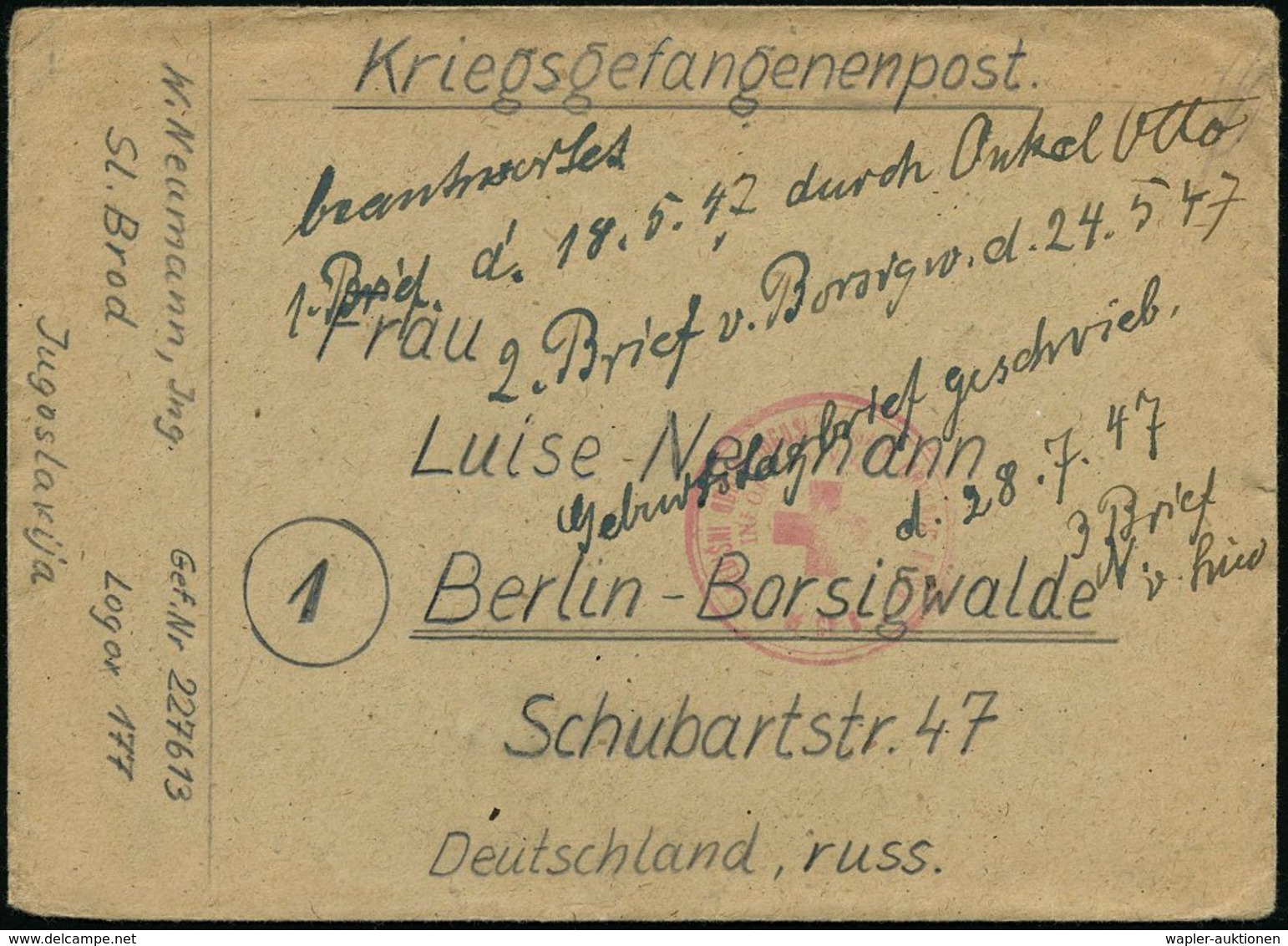 1946 (24.4.) JUGOSLAWIEN, Kgf.-Lager S. Brod, Laher 177 + Rotkreuz-Stempel, Kriegsgefangenenbrief + Inhalt (n. Bln-Borsi - Other & Unclassified