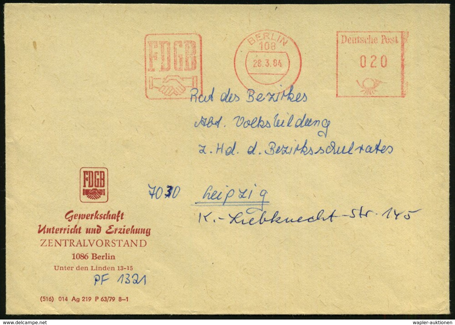 1984 108 BERLIN, Absender-Freistempel: FDGB (= DDR-Einheits-Gewerkschaft) Motivgleicher Fernbrief - SBZ & DDR / Russian  - Other & Unclassified