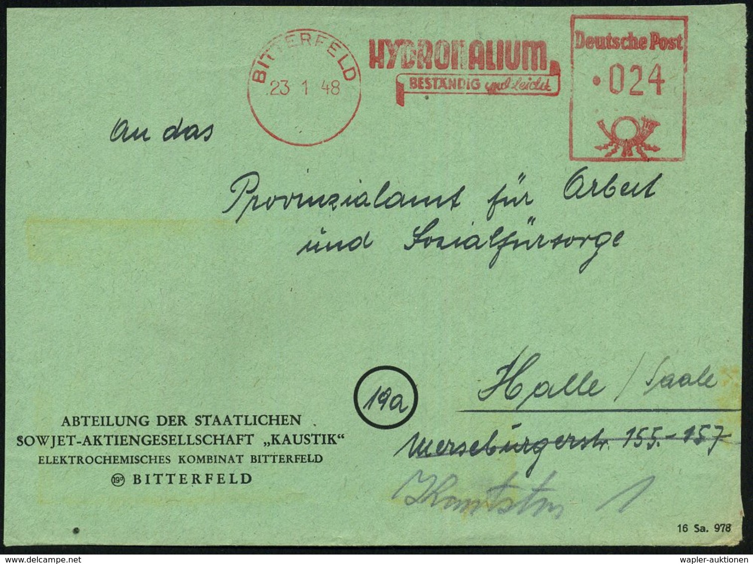 1948 (23.1.) BITTERFELD, Absender-Freistempel HYDRONALIUM = Ex I.G.-Farben, Deutsche-Sowjet. AG "Kaustik", Bedarfs-Vorde - Other & Unclassified