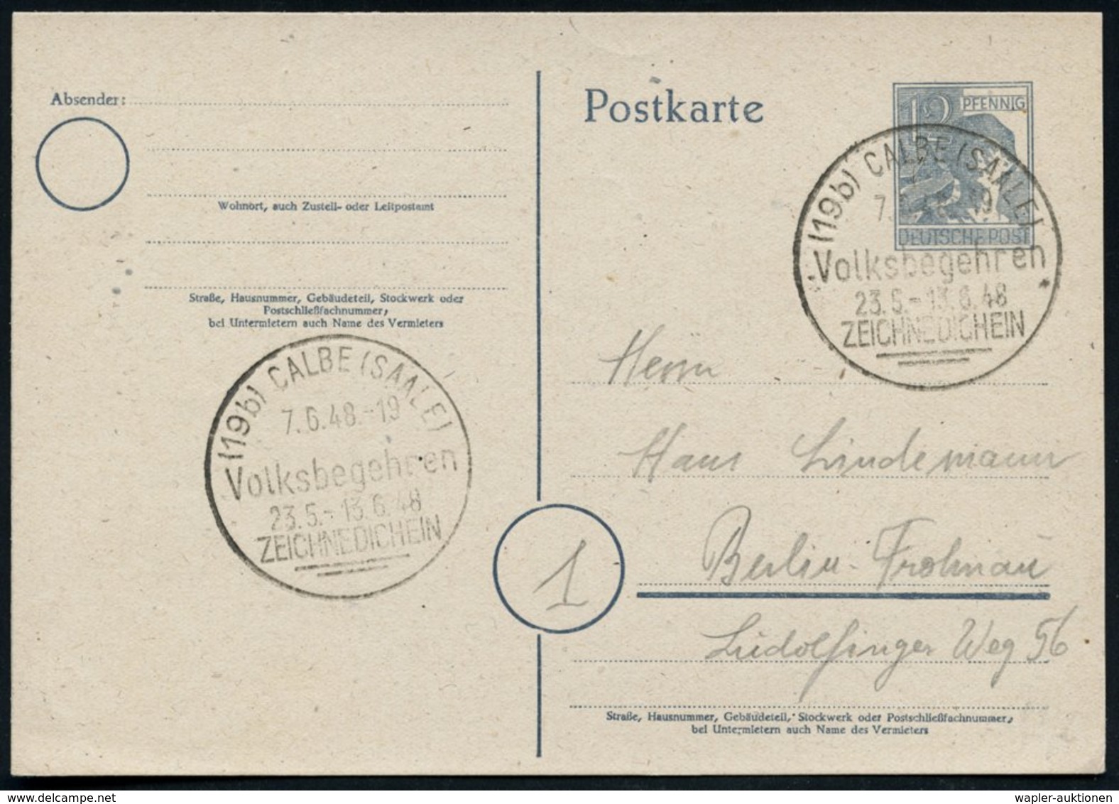 1948 (7.6.) (19 A) CALBE (SAALE), Handwerbestempel Volksabstimmung, Inl.-Karte (Bo.2) - SBZ & DDR / Russian Occupied Zon - Other & Unclassified