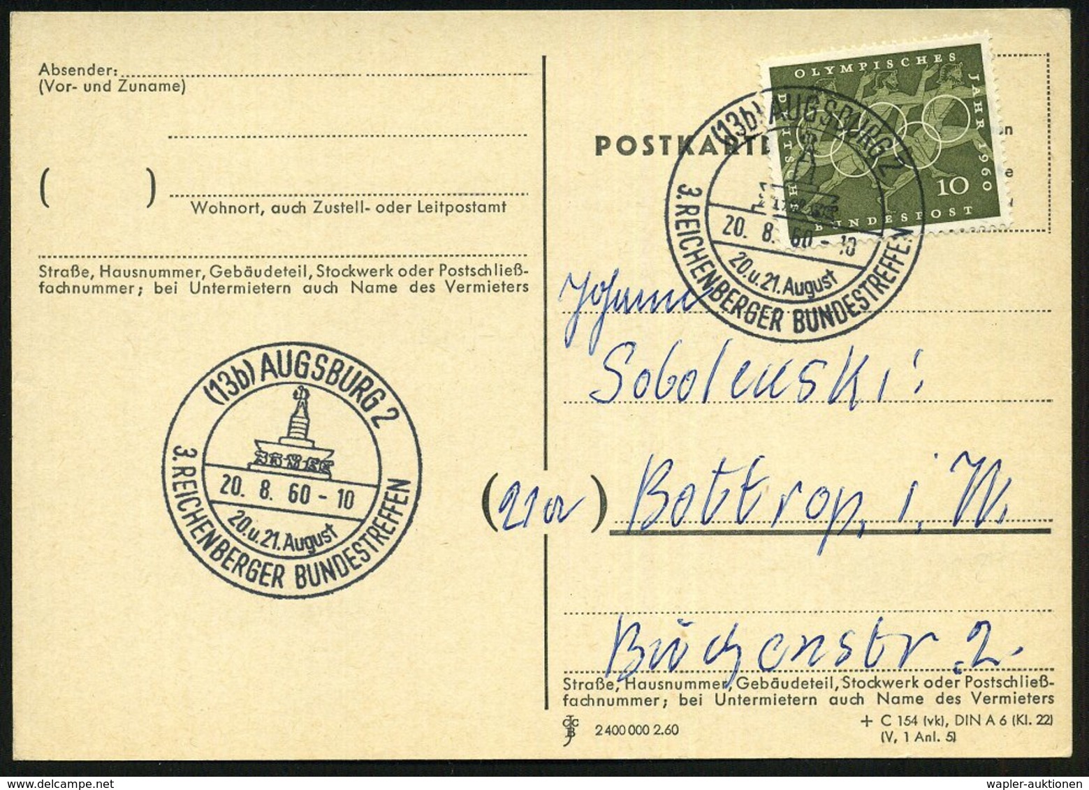 1960 (20.8.) (13 B) AUGSBURG 2, Sonderstempel: 3. Reichenberger Bundestreffen (= Vertriebenen-Treffen, Abb.: Metzner-Bru - Other & Unclassified