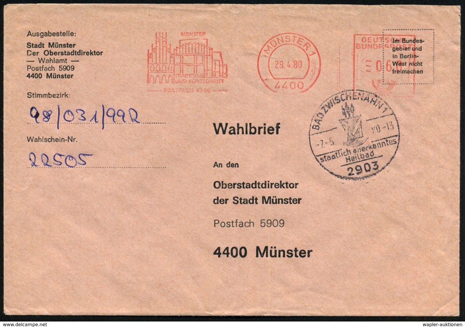 1980 (7.5.) 2903 BAD ZWISCHENAHN 1, Hand-Werbestempel Aus Vorausfrankiertem Rosa Wahlbriwef (für Briefwahl) N. Münster ( - Sonstige & Ohne Zuordnung