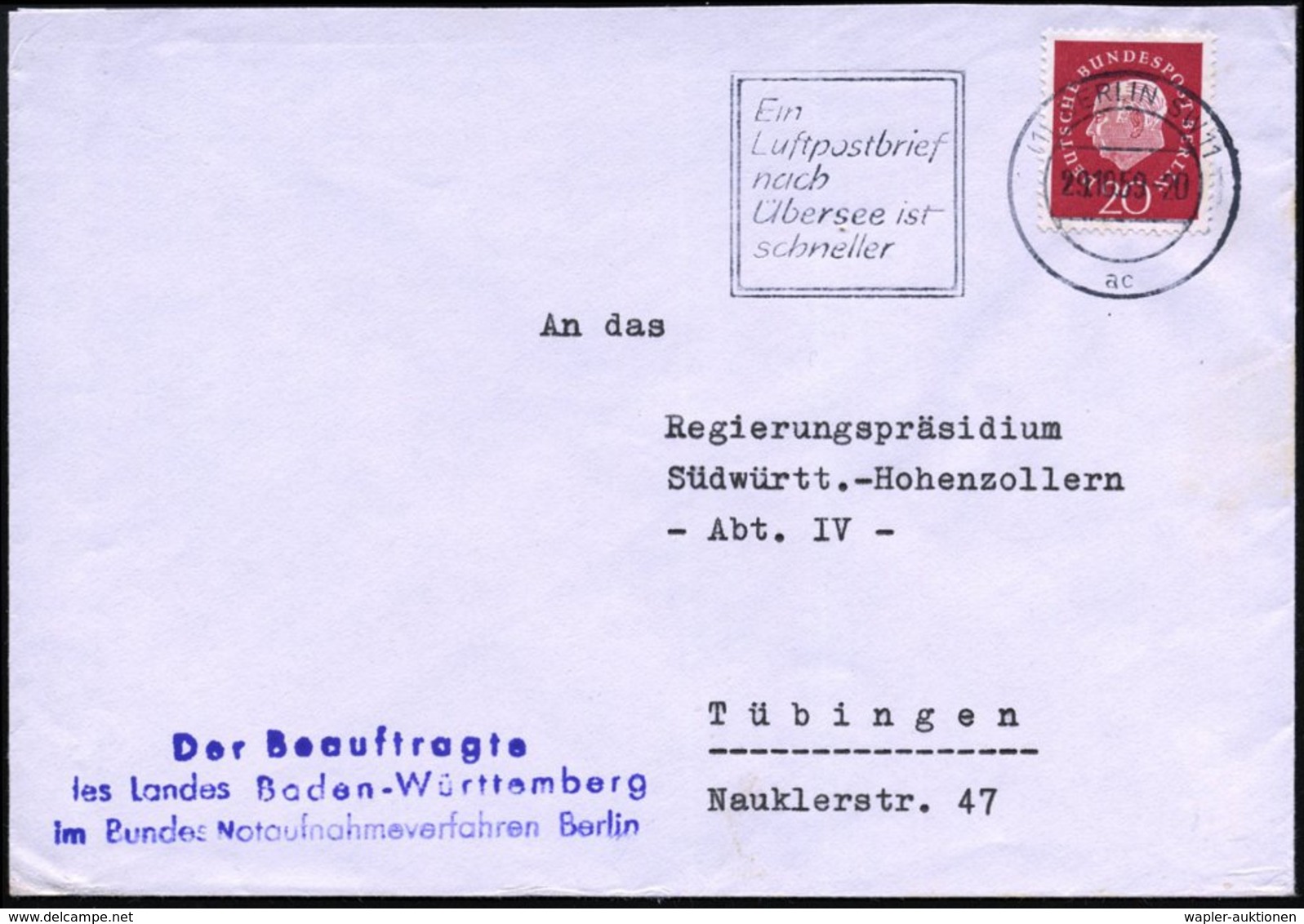 1959 (29.10.) (1) BERLIN SW 11, Maschinen-Werbestempel + Abs.-Stempel: Bundesnotaufnahmeverfahren Berlin = Flüchtlingsbe - Other & Unclassified