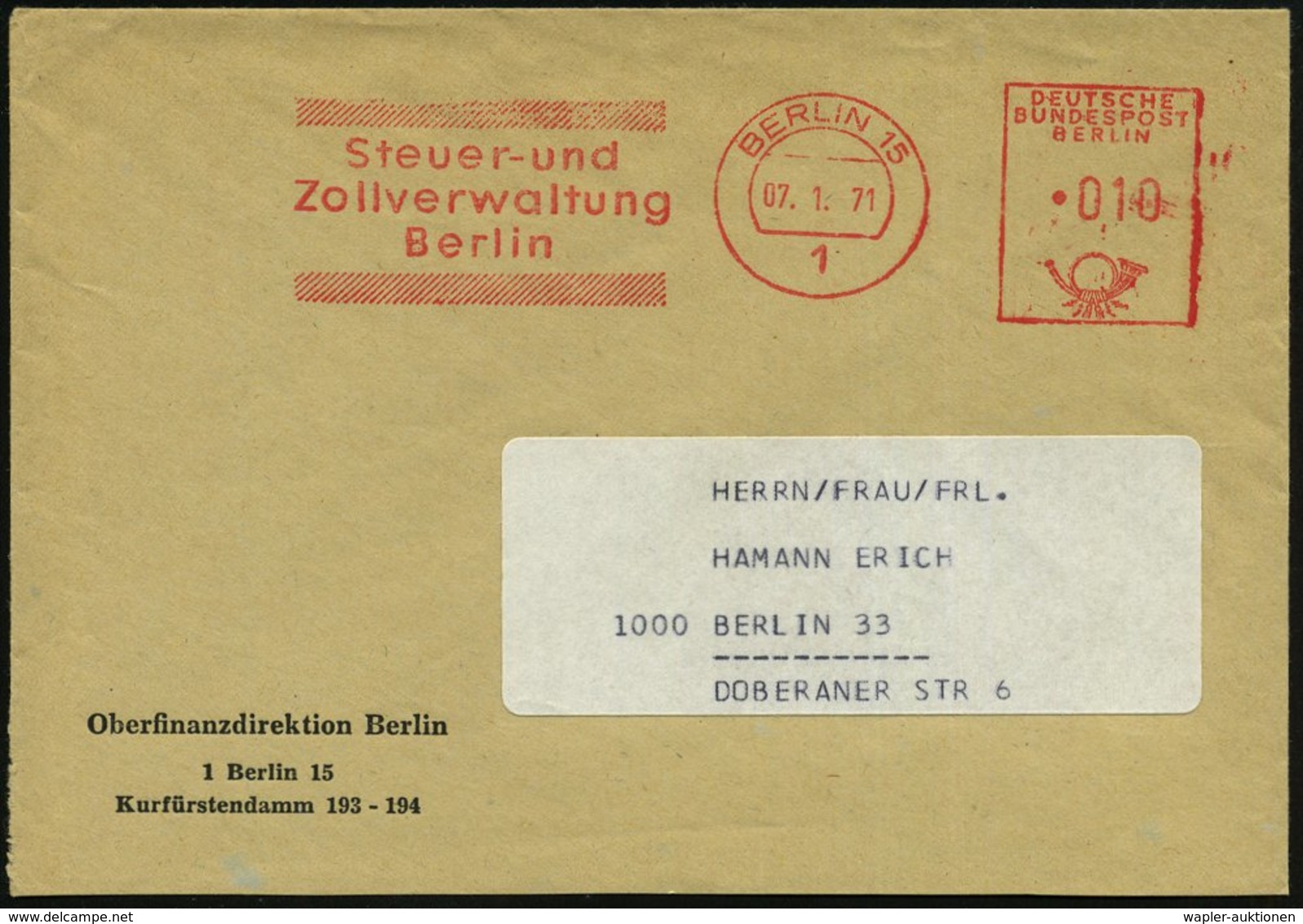 1971 (7.1.) 1 BERLIN 15, Absender-Freistempel: Steuer- U. Zollverwaltung Auf Dienstbrief Oberfinanzdirektion - Geschicht - Other & Unclassified