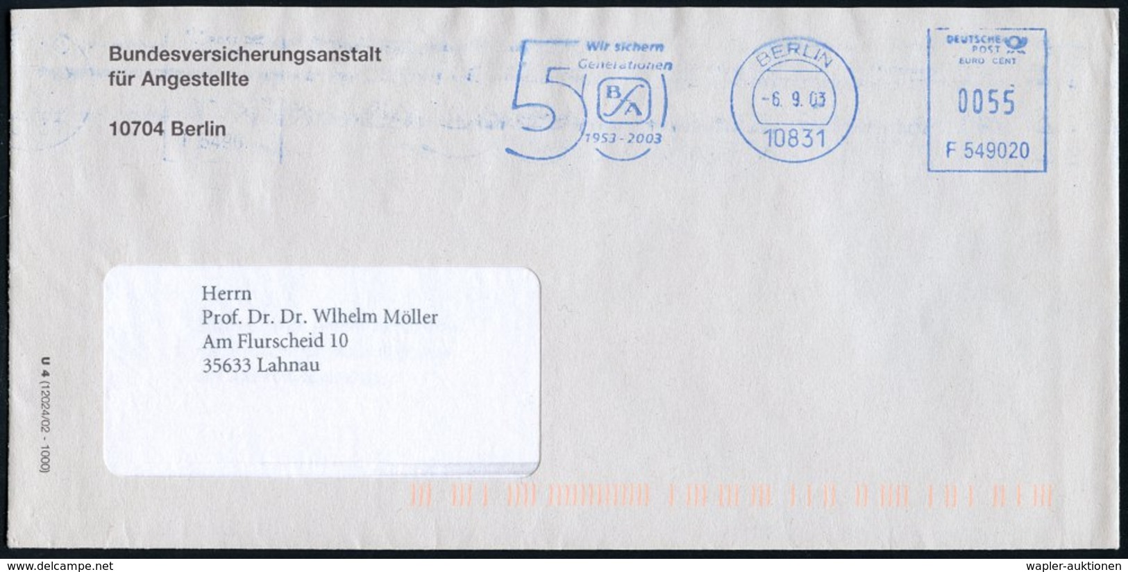 2003 (6.9.) 10831 BERLIN, Blauer Jubil.-Absender-Freistempel "50 Jahre B F A", Dienstbrief - Geschichte Der Bundesrepubl - Other & Unclassified