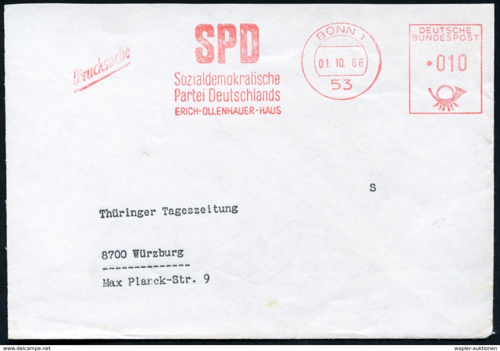 1968 53 BONN 1, Absender-Freistempel SPD.., Teil-Brief - Geschichte Der Bundesrepublik Deutschland 1949-1990 / Federal R - Other & Unclassified