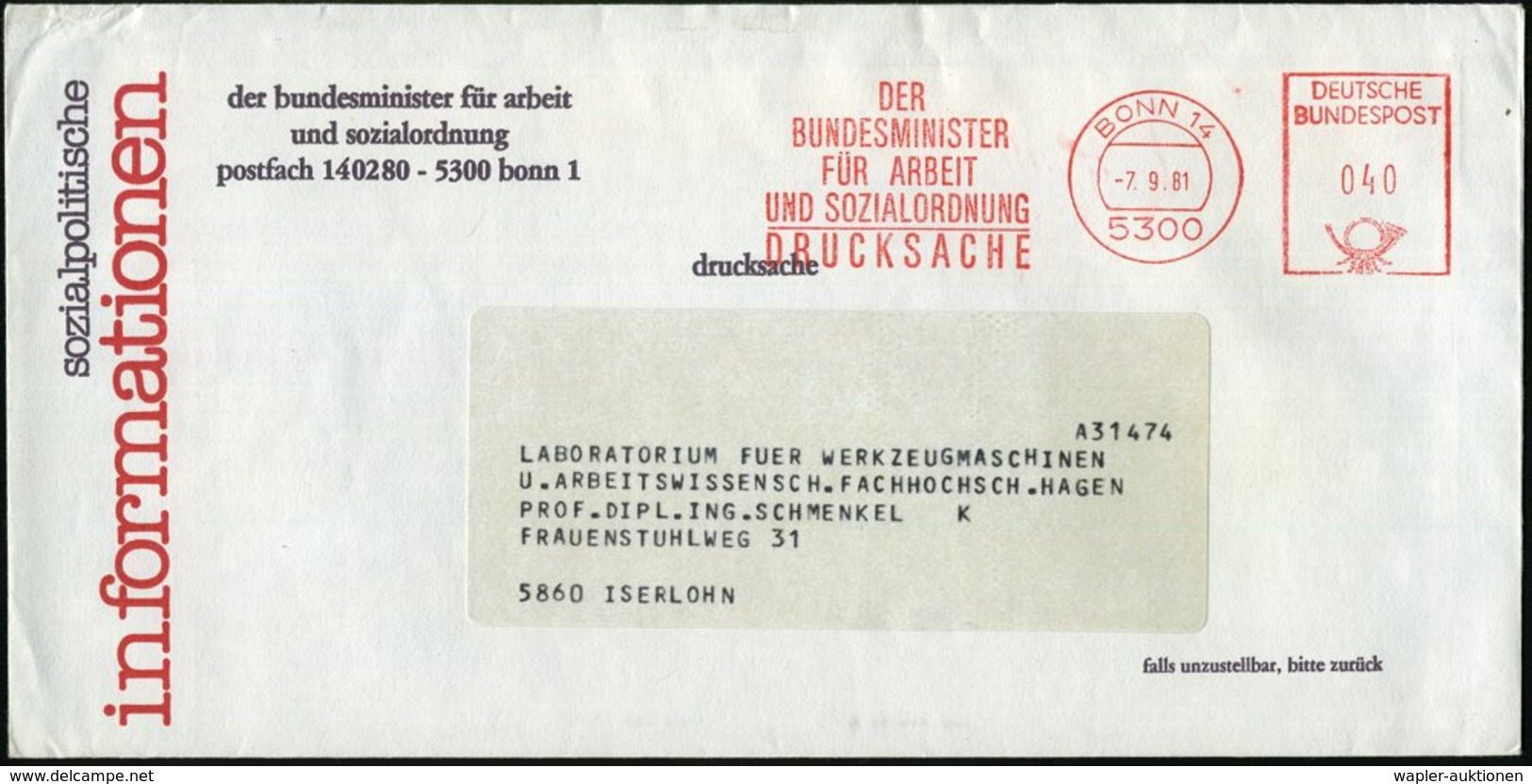 1981 5300 BONN 14, Absender-Freistempel BUNDESMINISTER FÜR ARBEIT U. SOZIALORDNUNG, Dienstbrief - Geschichte Der Bundesr - Other & Unclassified