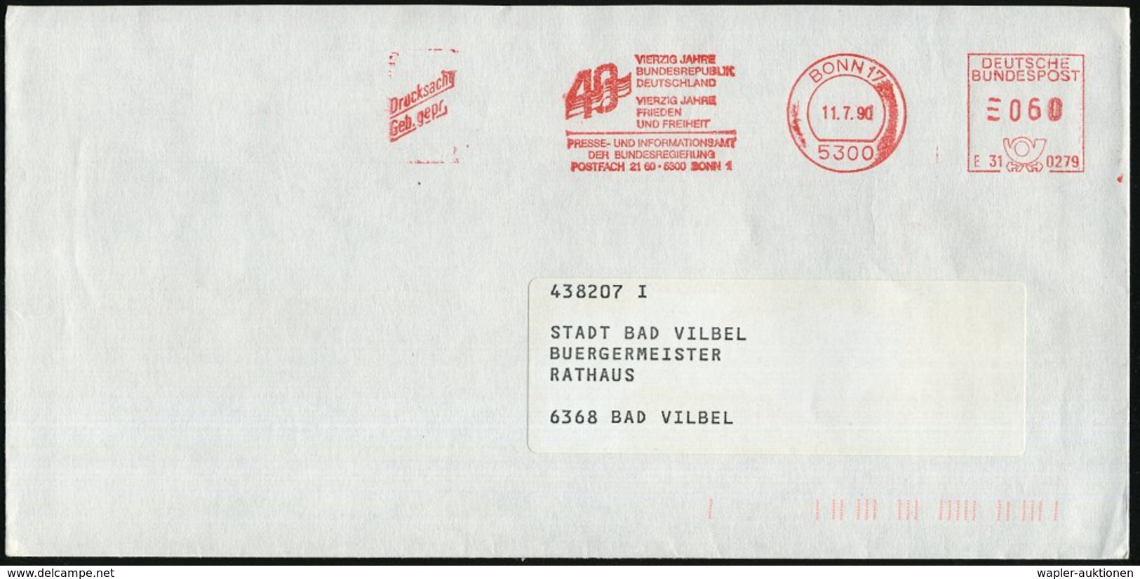 1990 (11.7.) 5300 BONN 17, Jubil.-Absenderfreistempel "40 Jahre BRD" (Presseamt Bundesregierung), Dienstbrief - Geschich - Otros & Sin Clasificación