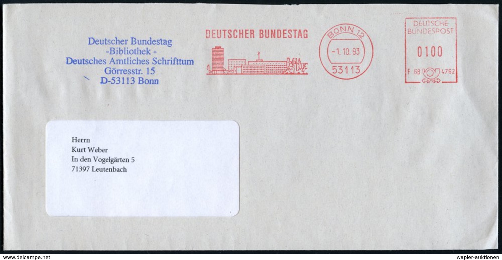 1993 (1.10.) 5300 BONN 12, Absenderfreistempel: DEUTSCHER BUNDESTAG (= Hauspostamt Parlament) + Abs.-Stempel Bundestag B - Sonstige & Ohne Zuordnung