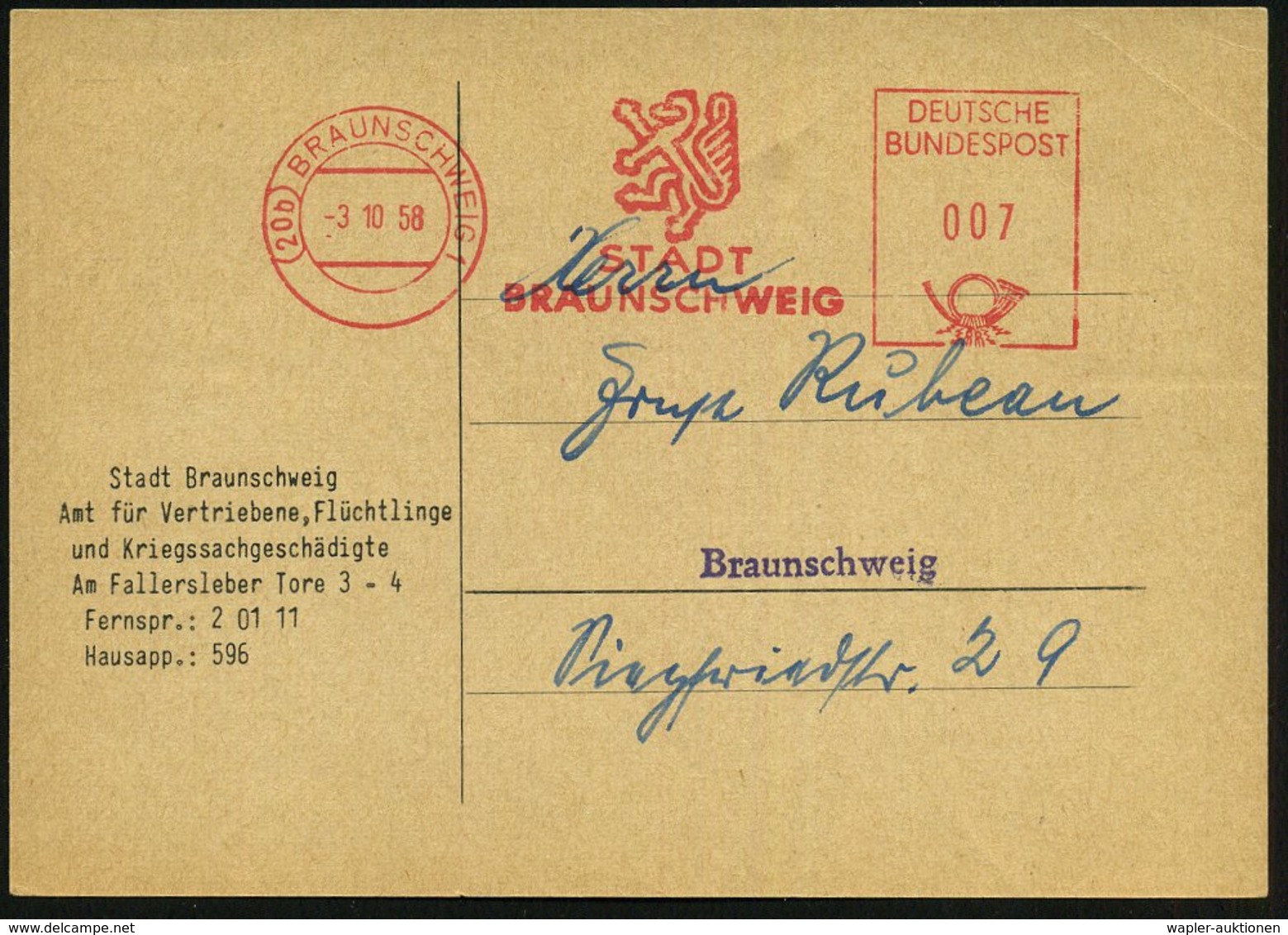 1958 (3.10.) (20 B) BRAUNSCHWEIG 1, Kommunaler Absender-Freistempel Auf Dienstkarte Amt Für Vertriebene, Flüchtlinge U.  - Other & Unclassified
