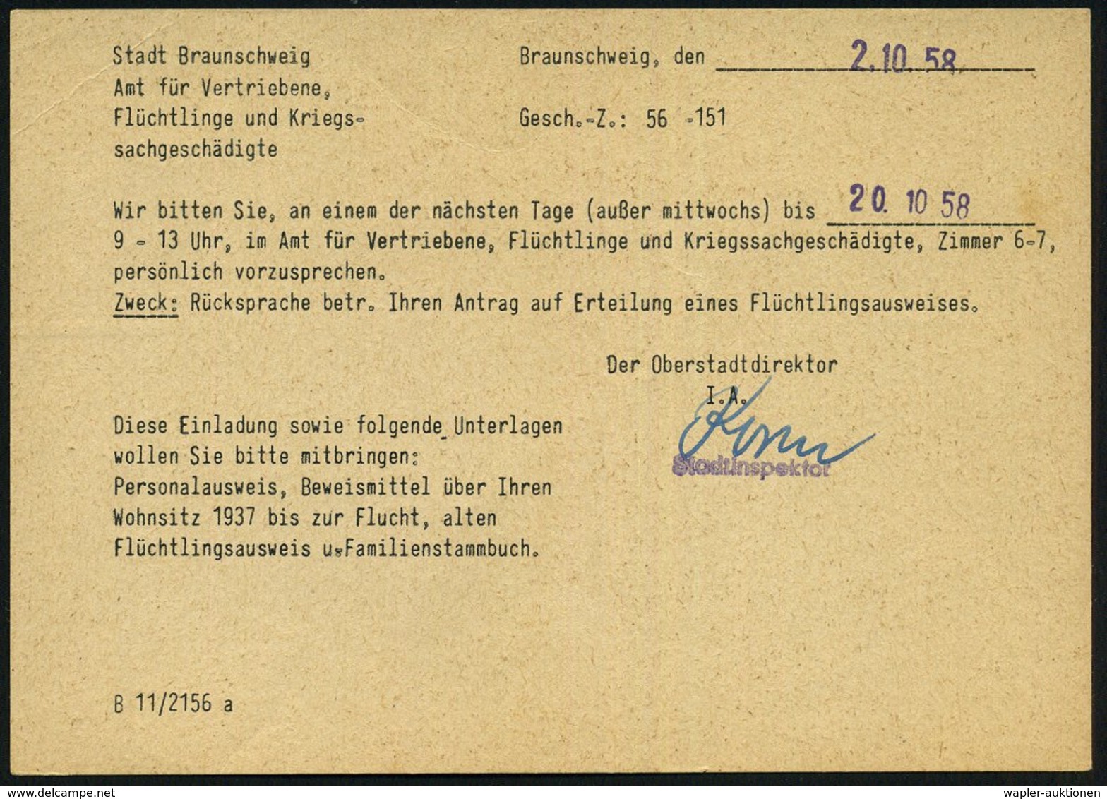 1958 (3.10.) (20 B) BRAUNSCHWEIG 1, Kommunaler Absender-Freistempel Auf Dienstkarte Amt Für Vertriebene, Flüchtlinge U.  - Other & Unclassified