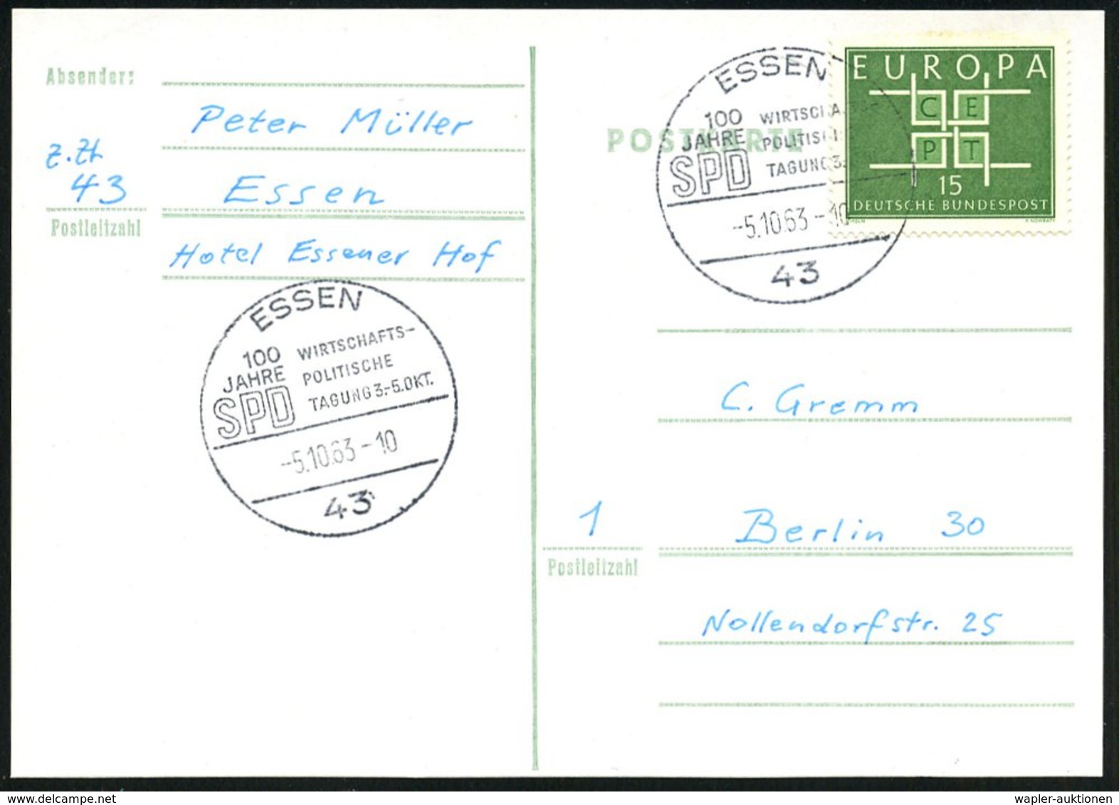 1963 (5.10.) 43 ESSEN, Sonderstempel SPD-Jubiläum, Inl.-Karte (Bo.156) - Geschichte Der Bundesrepublik Deutschland 1949- - Other & Unclassified