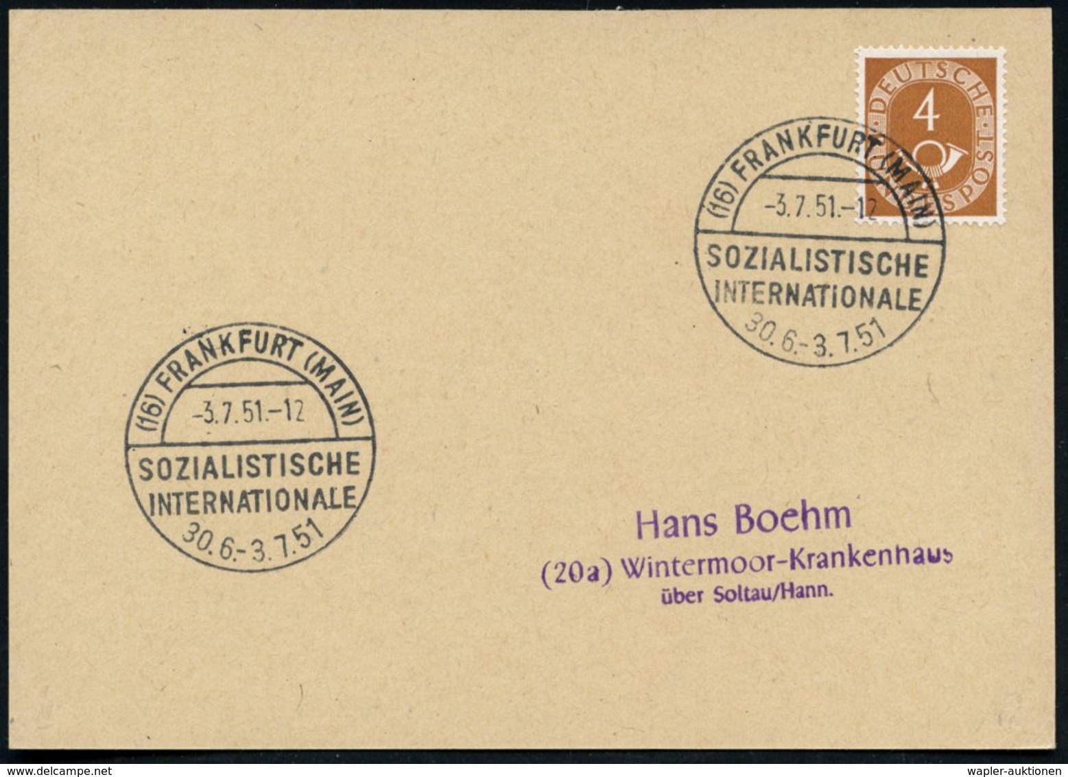 1951 (3.7.) (16) FRANKFURT/ MAIN, Sonderstempel: Sozialistische Internationale, Inl.-Karte (Bo.152) - Geschichte Der Bun - Other & Unclassified