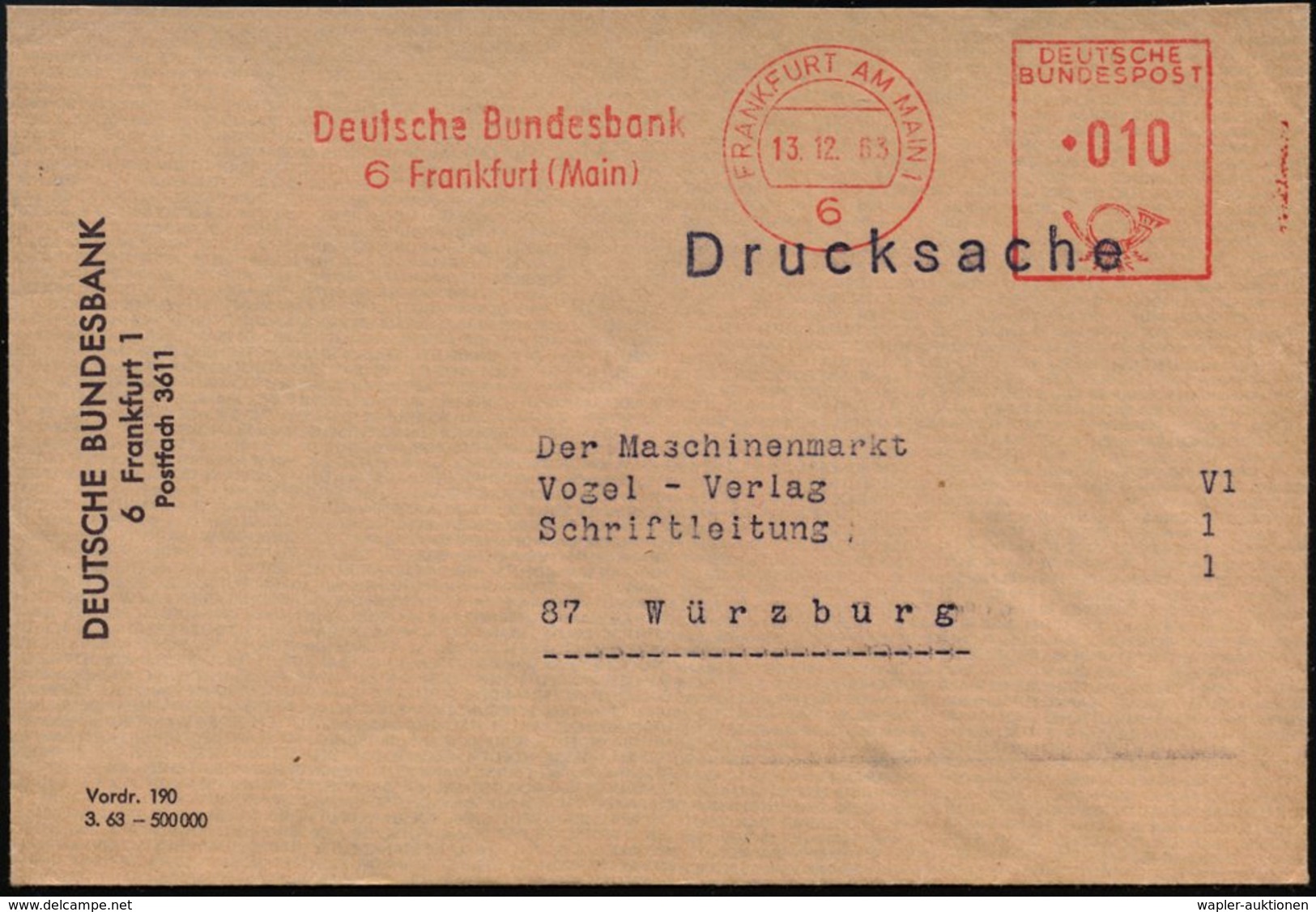 1963 6 FRANKFURT AM MAIN 1, Absender-Freistempel. Deutsche Bundesbank (Bf. Rs. Fehlt Klappe), Dienstbrief - Geschichte D - Other & Unclassified