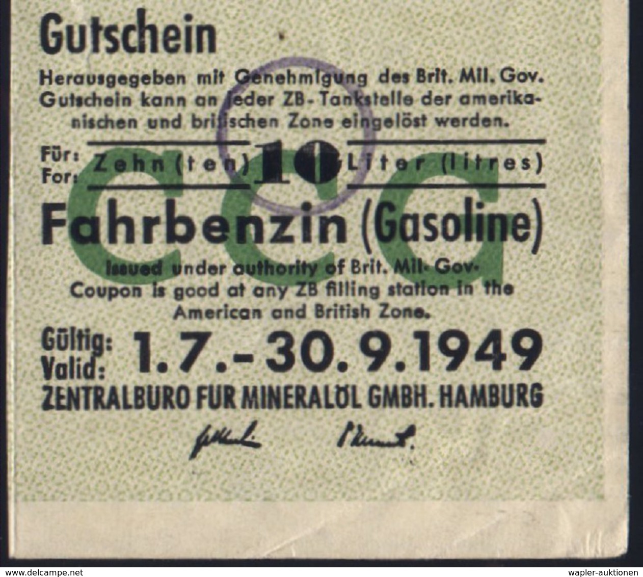 1949 Hamburg, Gutschein "CCG" Der Britischen Militärbehörde Für Fahrbenzin (Gasoline) (6,2 X 5 Cm) - Geschichte Der Bund - Other & Unclassified