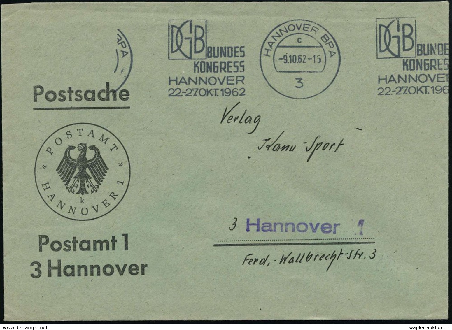 1962 (9.10.) 3 HANNOVER BPA, Band-Maschinen-Werbestempel: DGB-Kongress Auf Postdienstbrief, Ex Slg. A. Meschenmoser (Bo. - Other & Unclassified