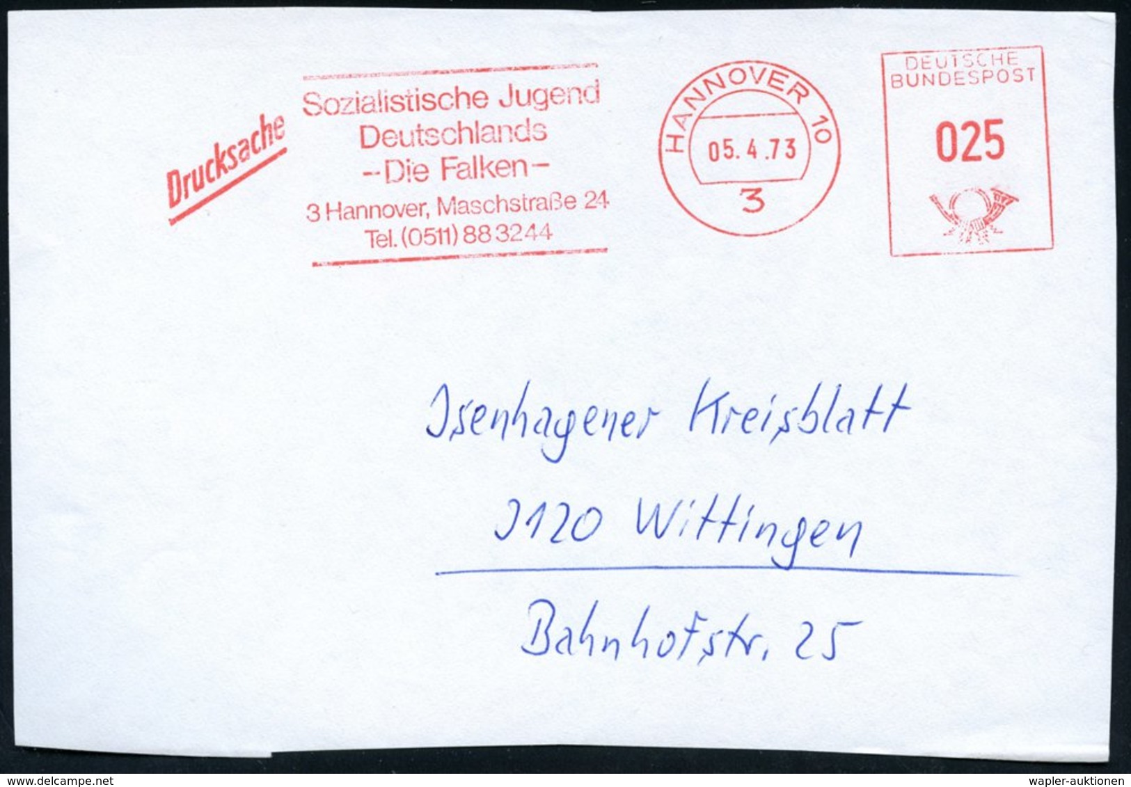 1973 (5.4.) 3 HANNOVER 10, Absender-Freistempel "Die Falken" (SPD-Jugend-Organisation), Bedarfs-Vorderseite - Geschichte - Other & Unclassified