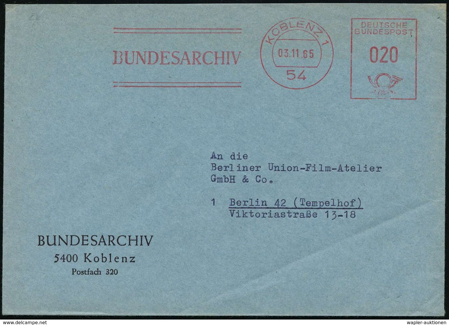 1965 54 KOBLENZ 1, Absender-Freistempel: BUNDESARCHIV (gegr. 1952) = Archiv Für Staatl. Dokumente, Militär-Archiv Inkl.  - Other & Unclassified