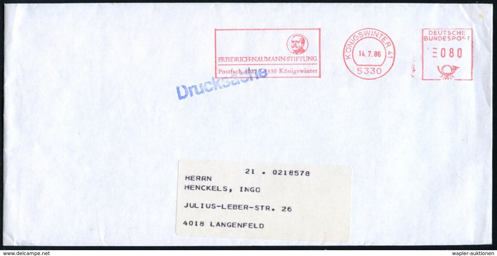 1986 5330 KÖNIGSWINTER 41, Absender-Freistempel FRIEDR. NAUMANN STIFTUNG (= FDP-Parteistiftung), Fernbrief - Geschichte  - Other & Unclassified