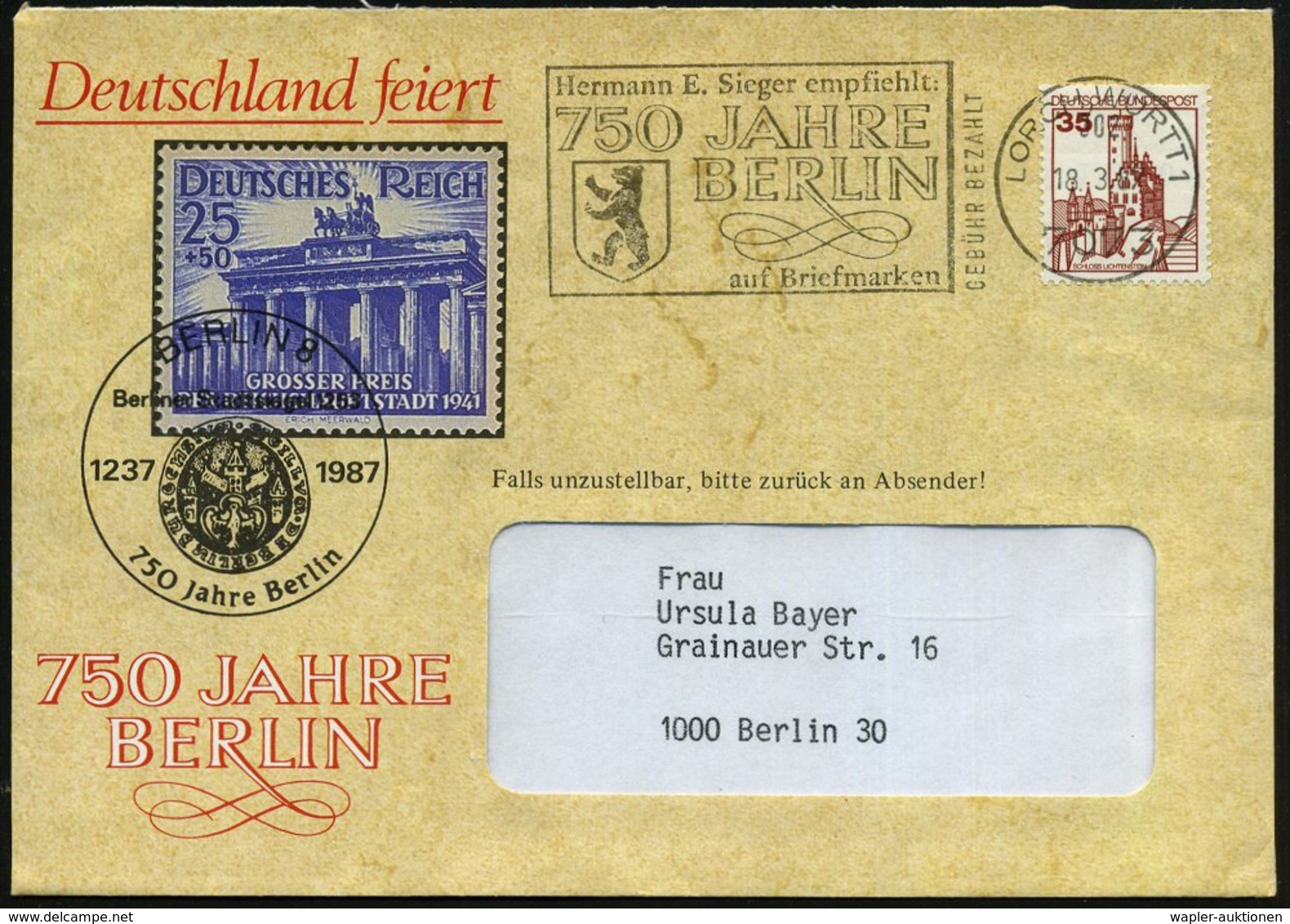 1987 (18.3.) 7073 LORCH 1, Absenderstempel: Fa. Sieger, 750 Jahre Berlin (= Vorausentwertung) Auf Passendem Reklamebrief - Other & Unclassified