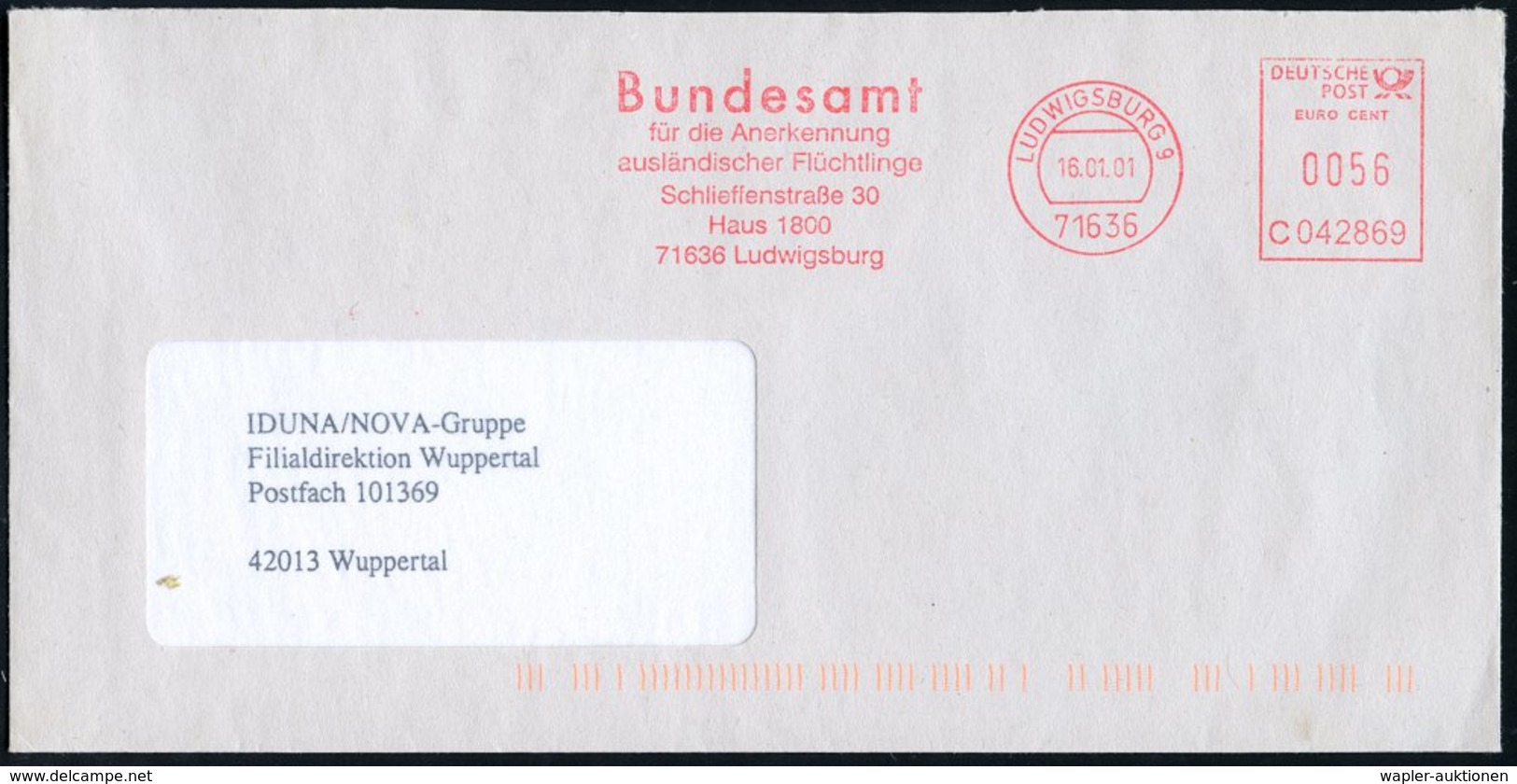 2001 71636 LUDWIGSBURG 9, Absender-Freistempel: Bundesamt Für Die Anerkennung Ausländ. Flüchtlinge, Dienstbrief - Geschi - Sonstige & Ohne Zuordnung