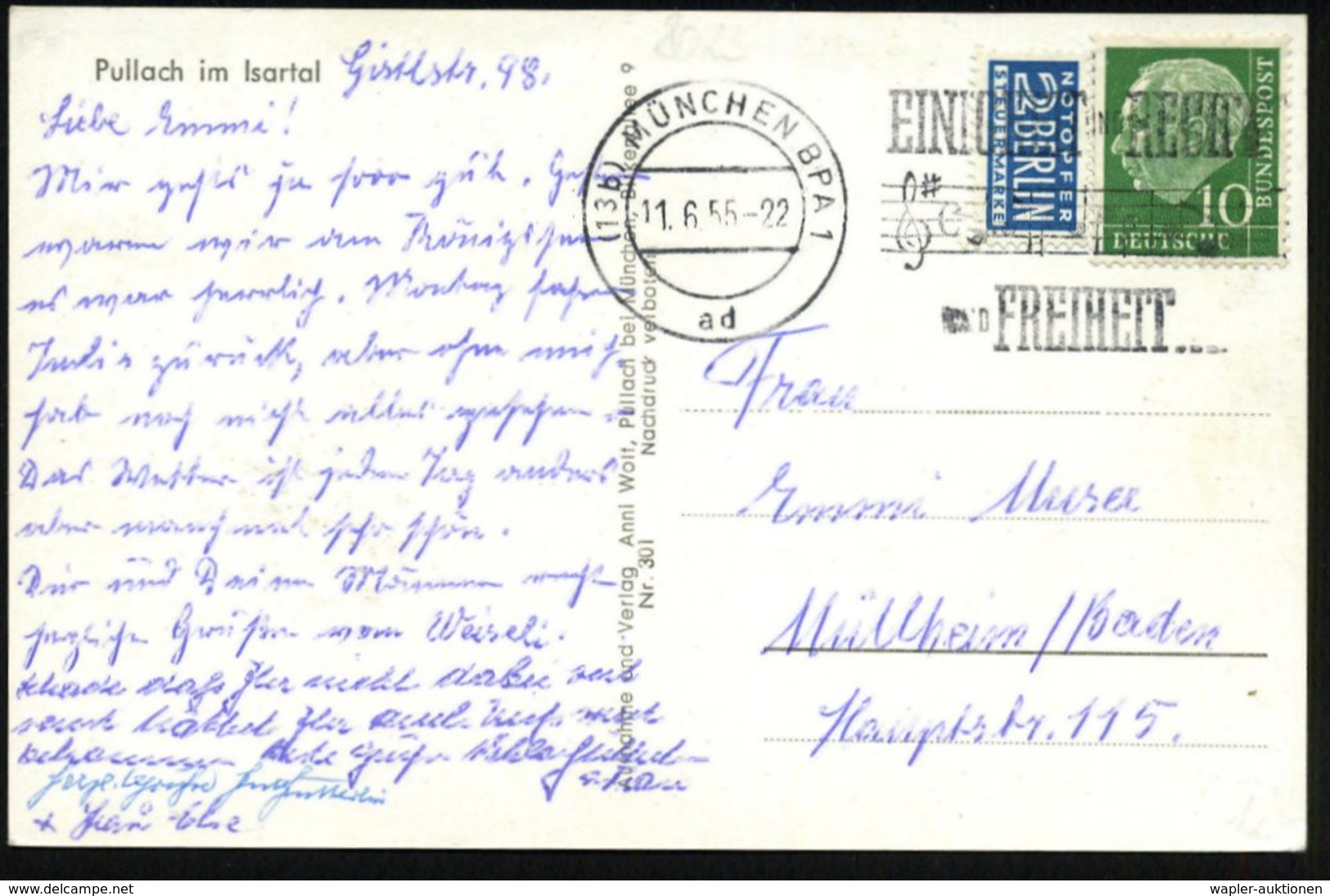 1955 (13 B) MÜNCHEN BPA 1, Maschinen-Werbestempel Nationahymne (Text U. Noten), Bedarfskarte (Bo.S 723 B) - Geschichte D - Other & Unclassified