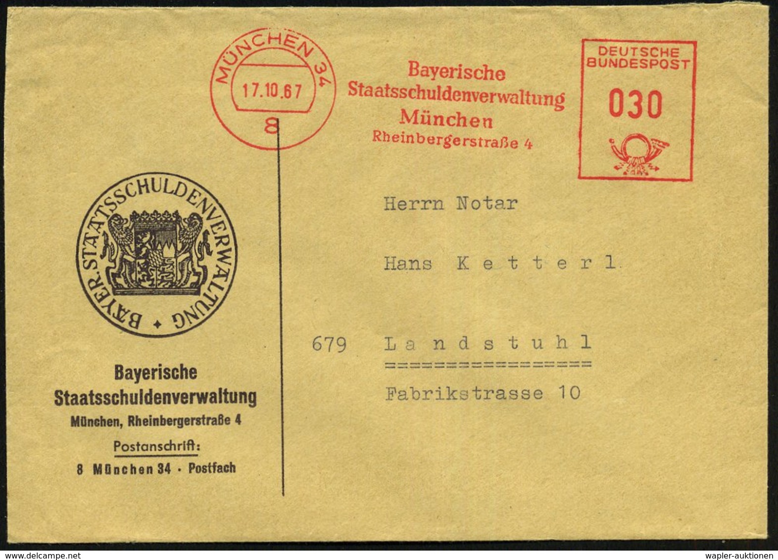 1967 8 MÜNCHEN 34, Absender-Freistempel Bayer. Staatsschuldenverwaltung, Dienstbrief - Geschichte Der Bundesrepublik Deu - Other & Unclassified