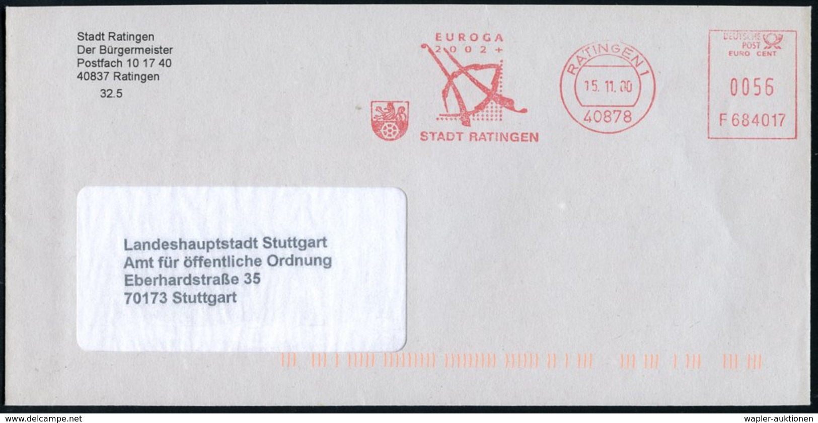 2000 40878 RATINGEN 1, Absender-Freistempel "EUROPA 2002" (Logo), Kommunalbrief - Geschichte Der Bundesrepublik Deutschl - Other & Unclassified