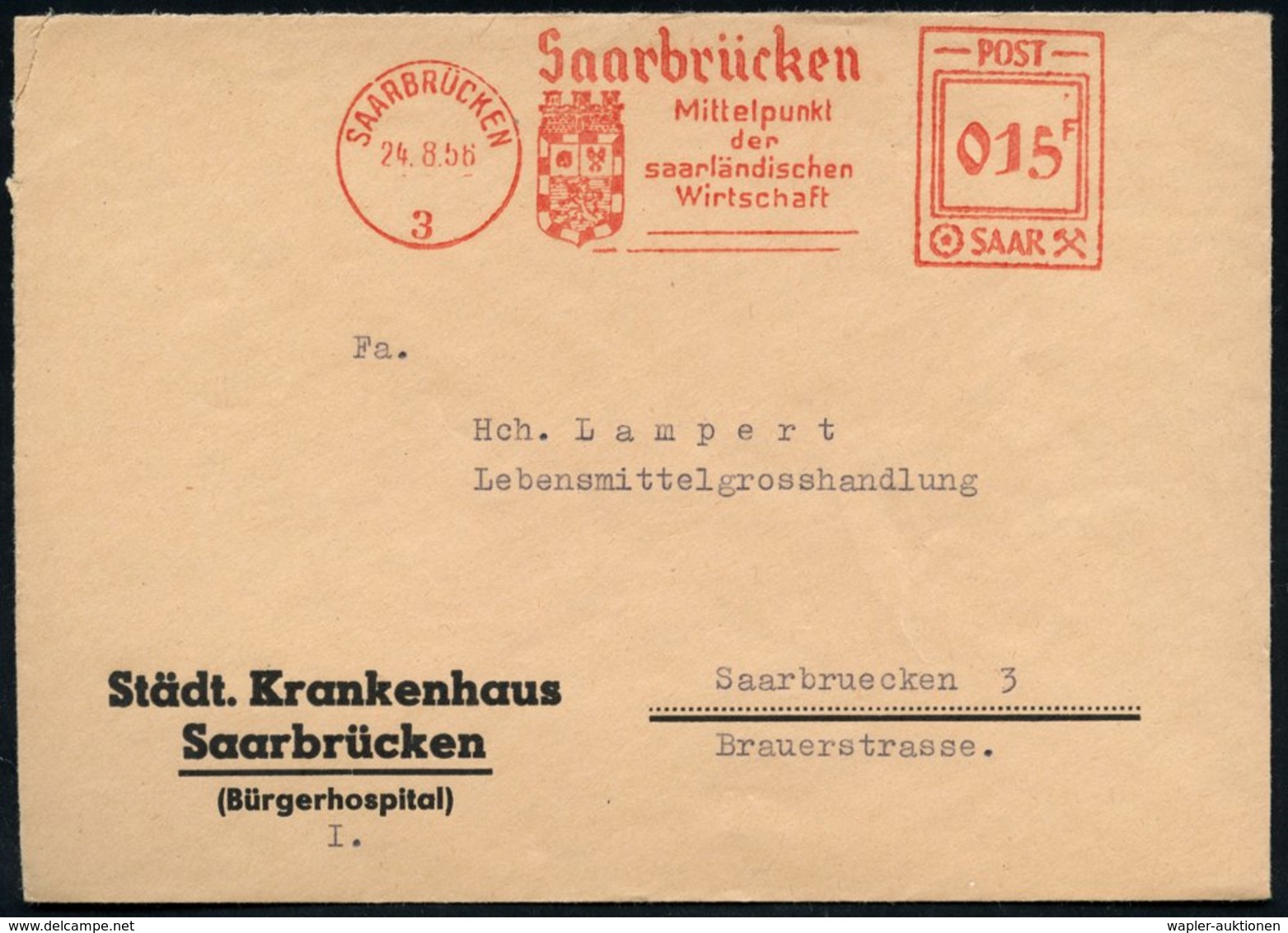 1956 SAARBRÜCKEN 3, Kommunaler Absender-Freistempel (Stadtwappen) Auf Dienstbrief: Städt. Krankenhausf (Francotyp "SAAR" - Other & Unclassified